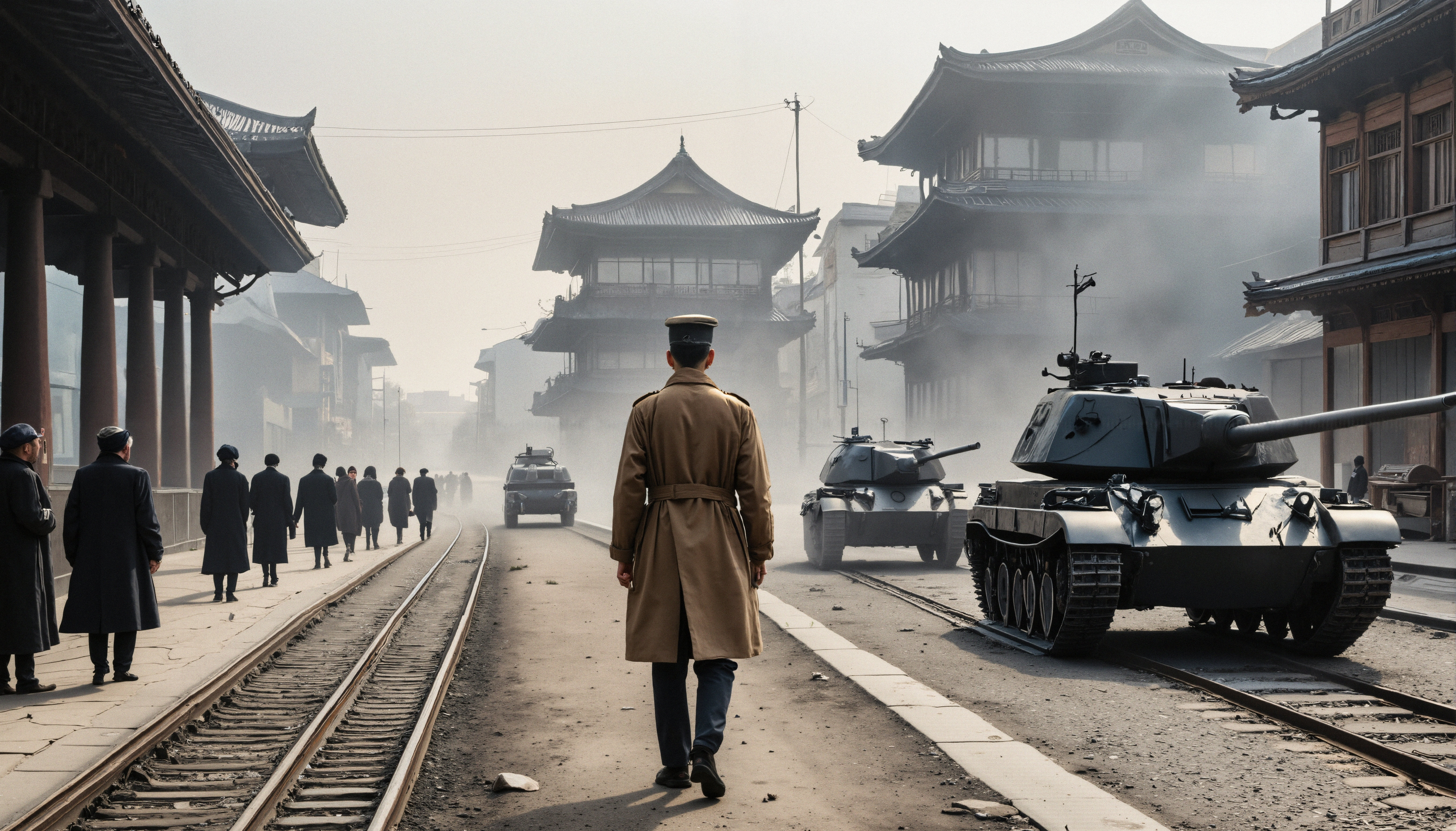 Military tanks advancing through traditional East Asian street with railway tracks