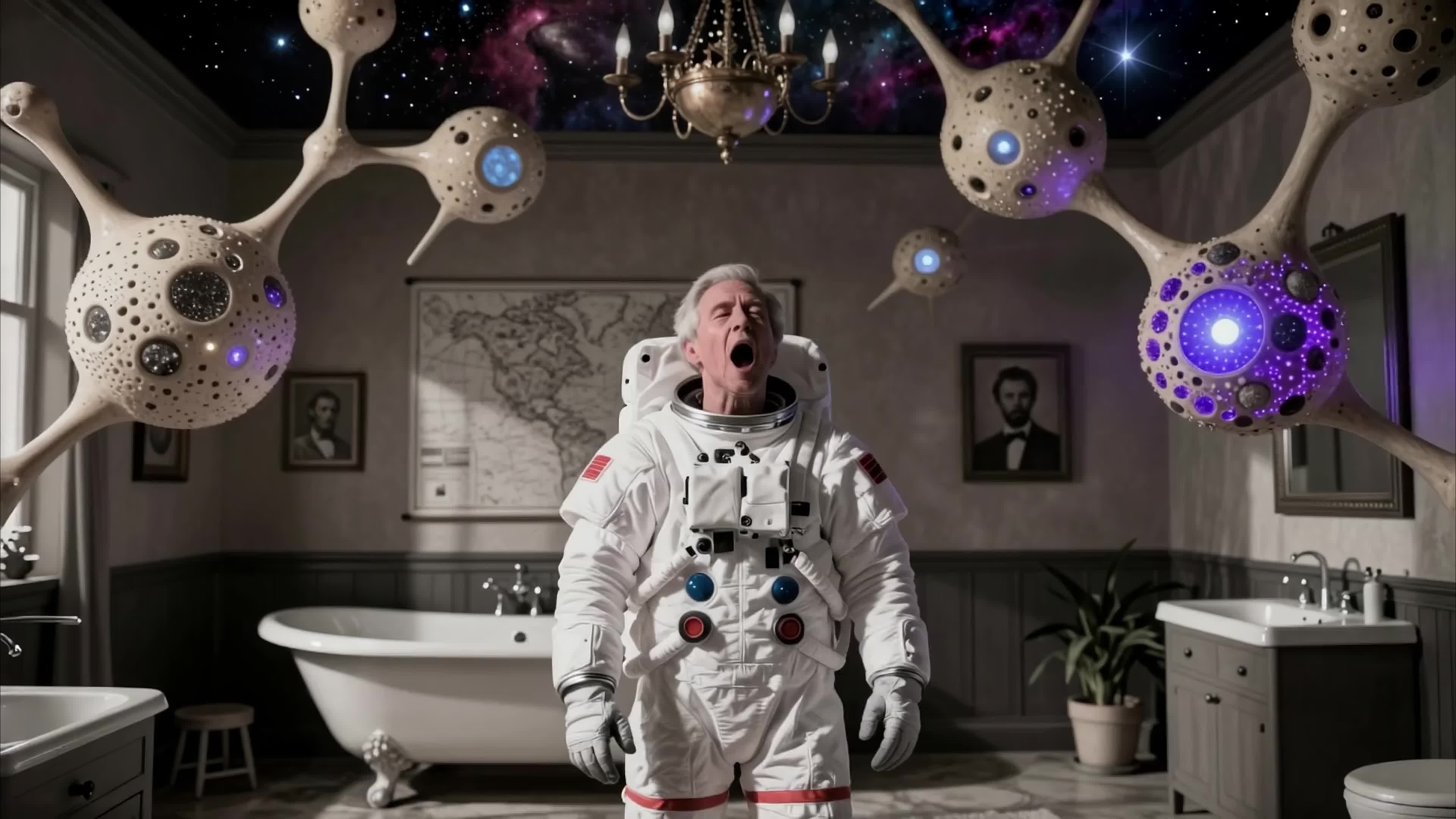 Astronaut surrounded by glowing alien spheres in a luxurious Victorian-style bathroom under starry sky, 4K video.