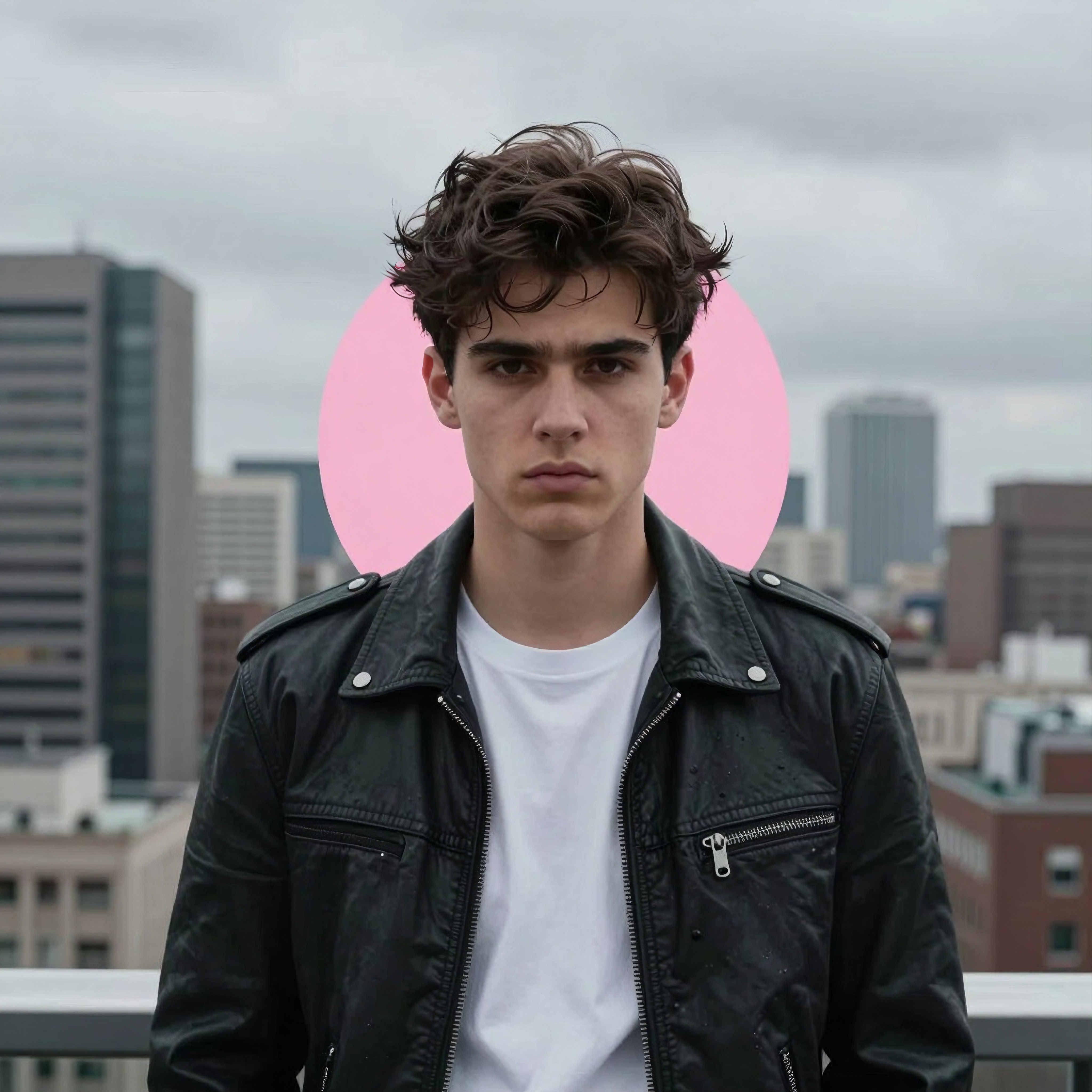 Young Man in Black Leather Jacket Against Urban Skyline Background