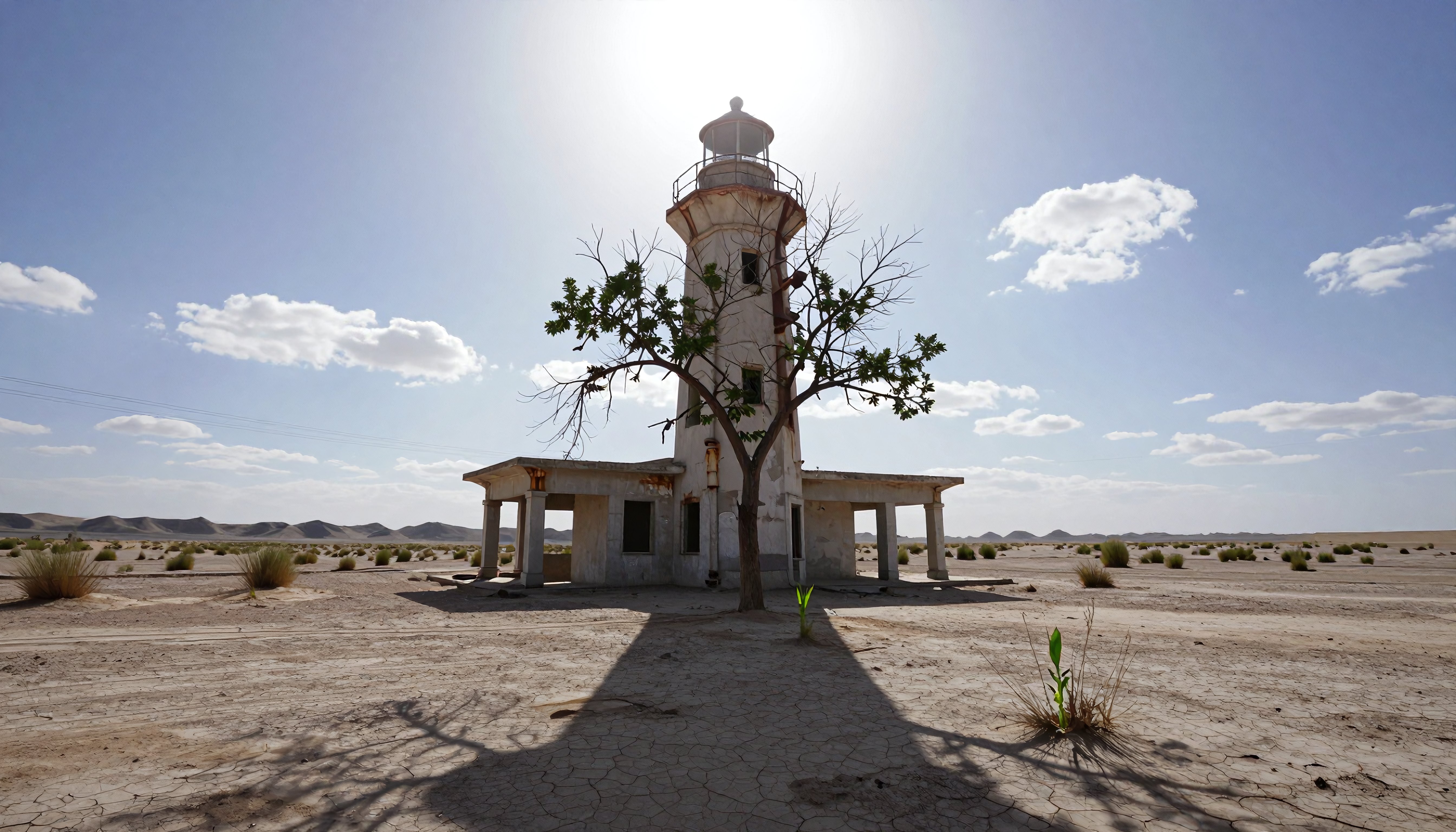 Abandoned Lighthouse in Arid Desert Landscape