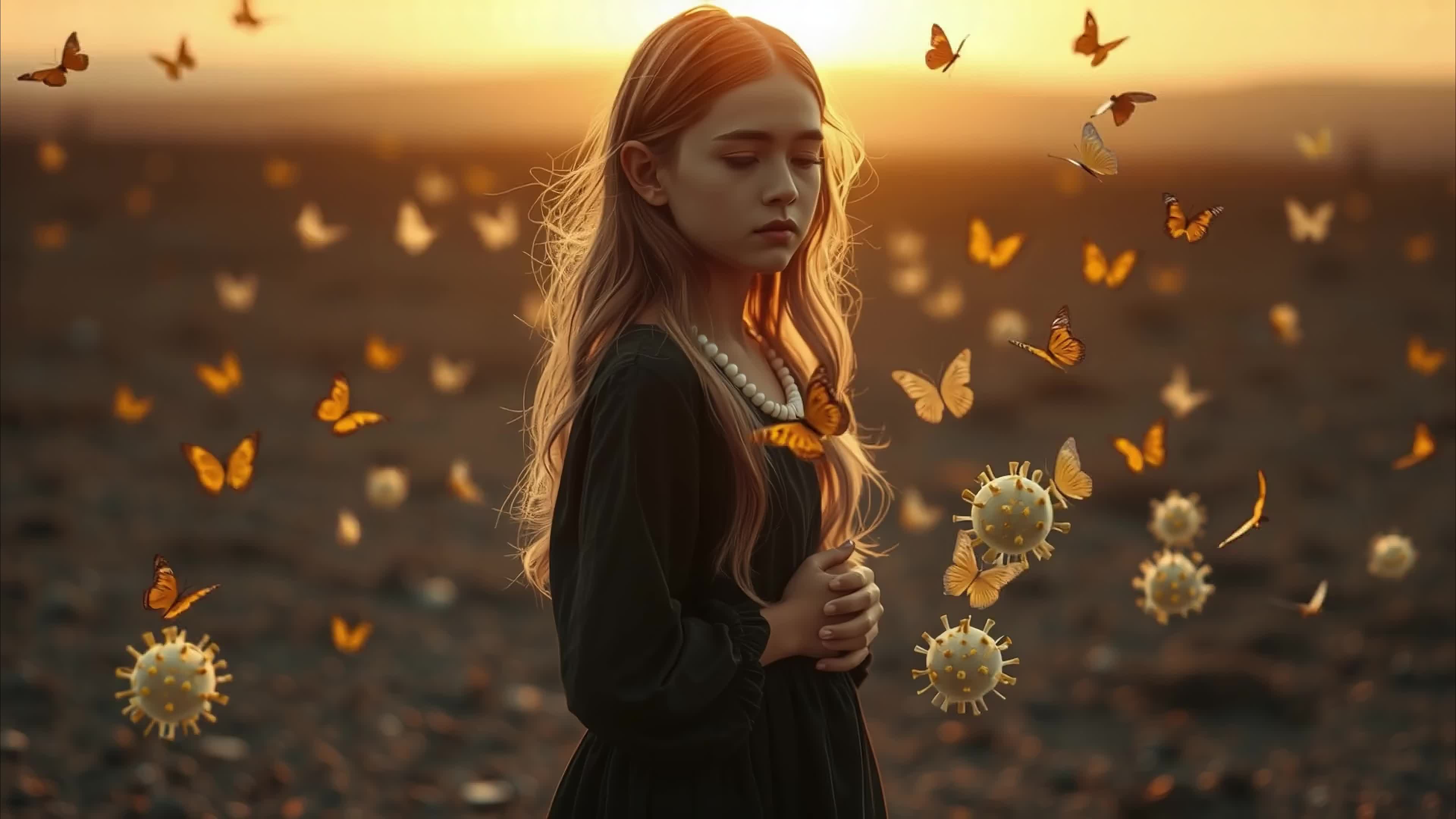 A mesmerizing 4K video of a young woman with long flowing red hair standing in an open field surrounded by butterflies.