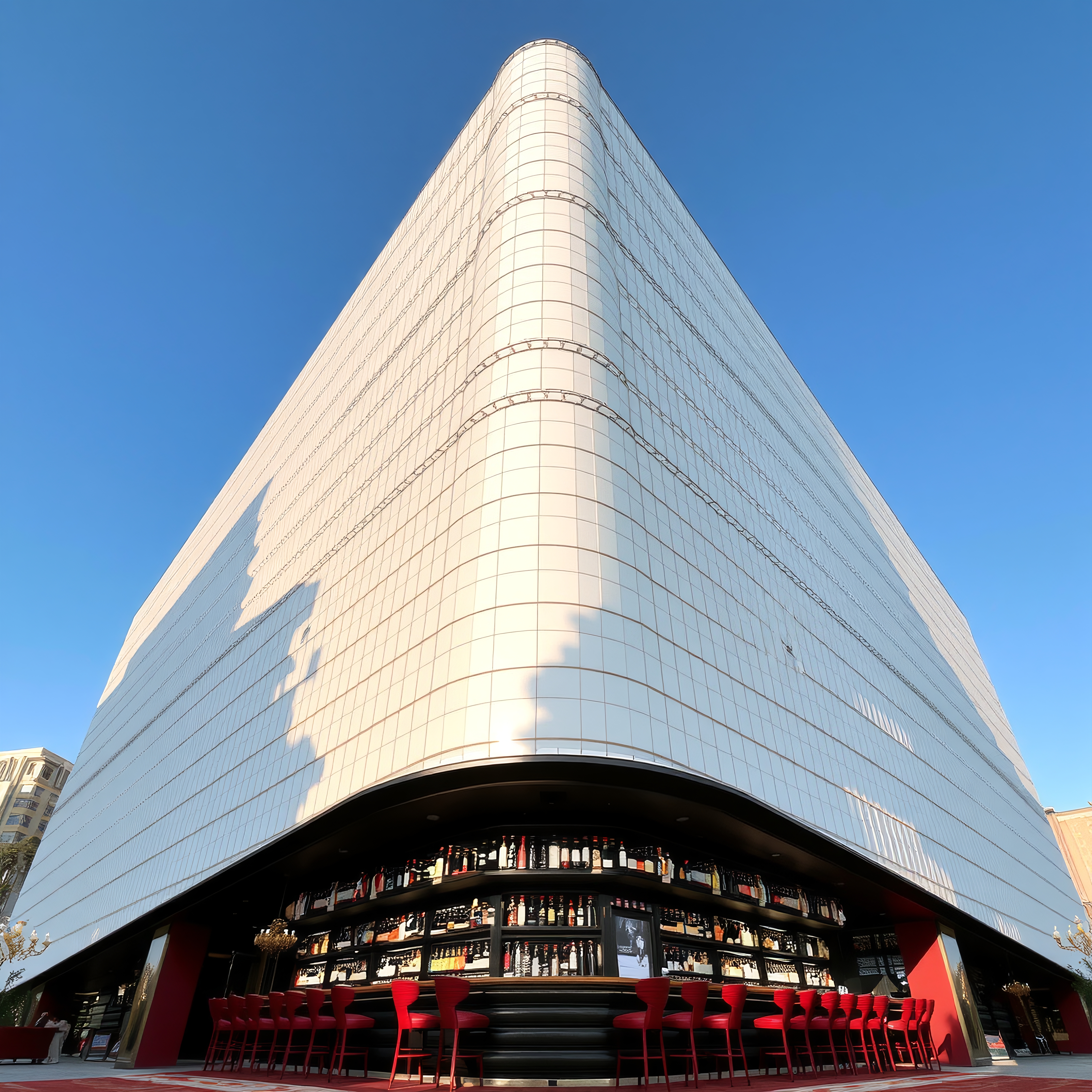 Modern Curved Metallic Building with Outdoor Bar and Red Chairs