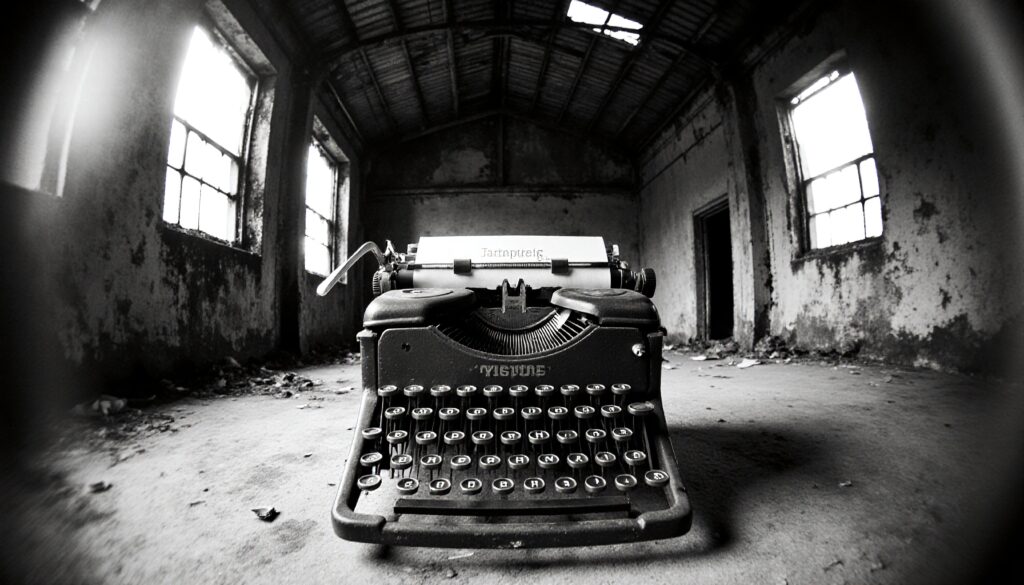 Vintage typewriter abandoned in an atmospheric, dilapidated industrial room