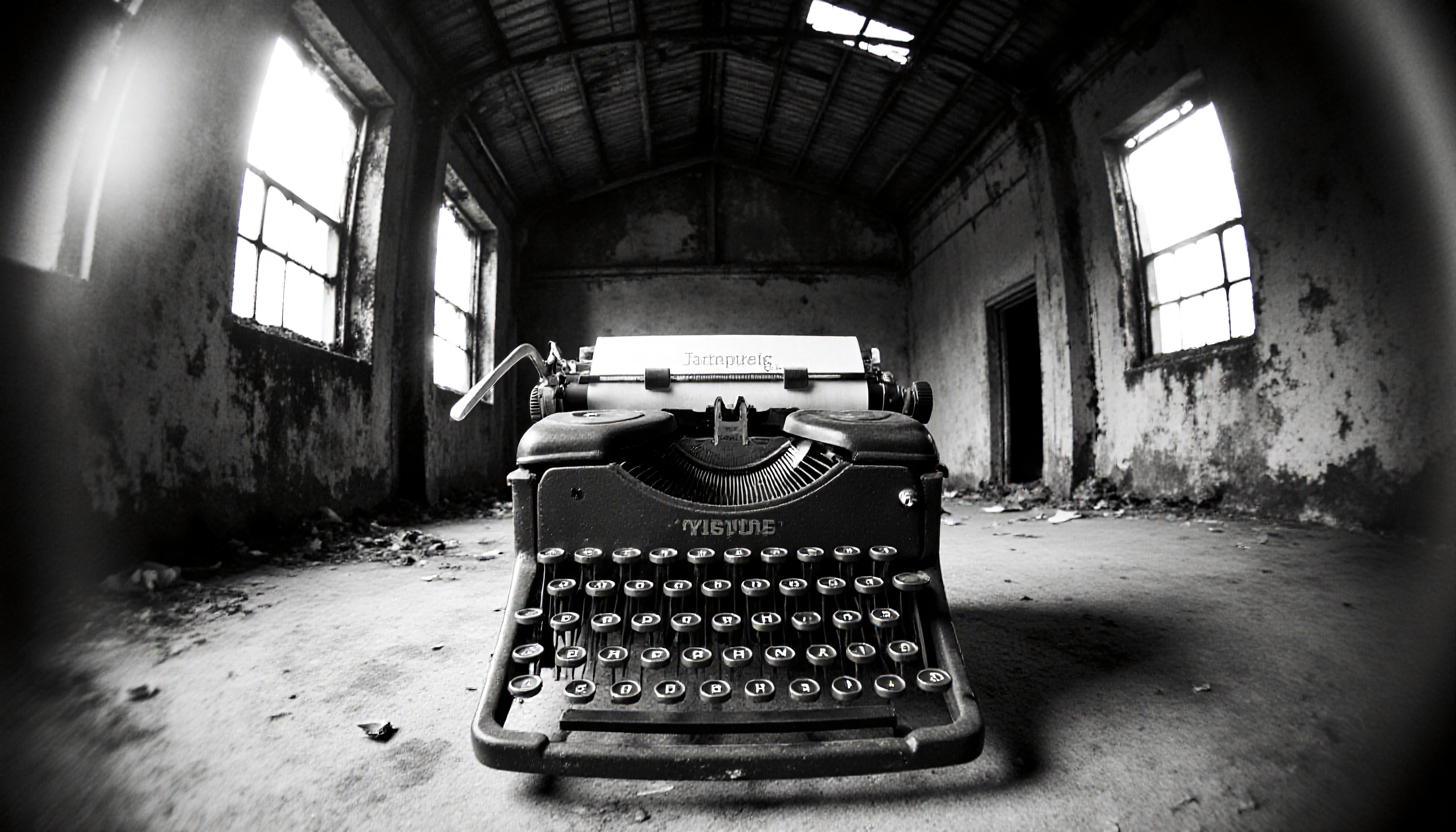 Vintage typewriter abandoned in an atmospheric, dilapidated industrial room
