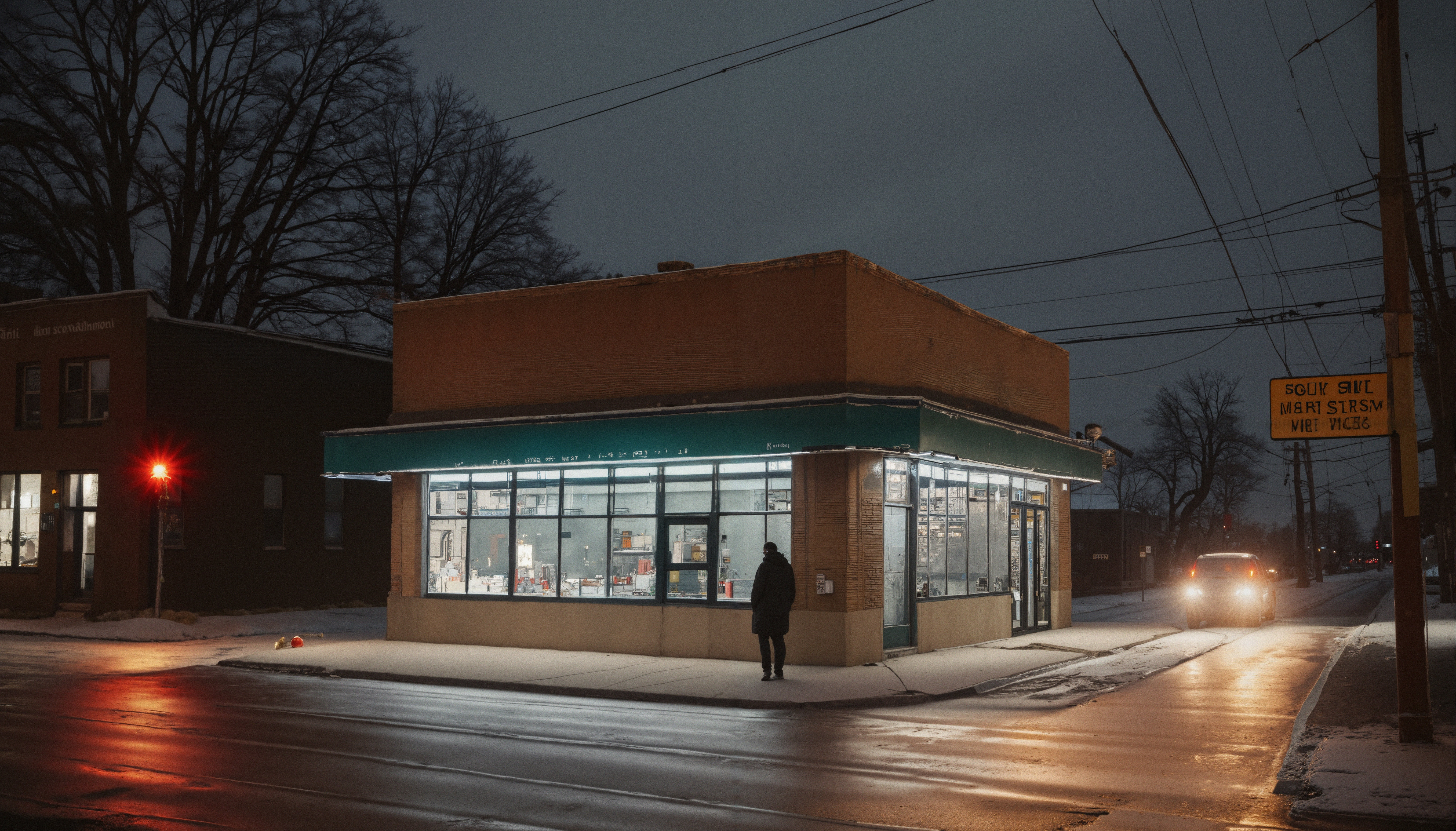 Nighttime Urban Corner Store on Snowy Street with Streetlight and Silhouette