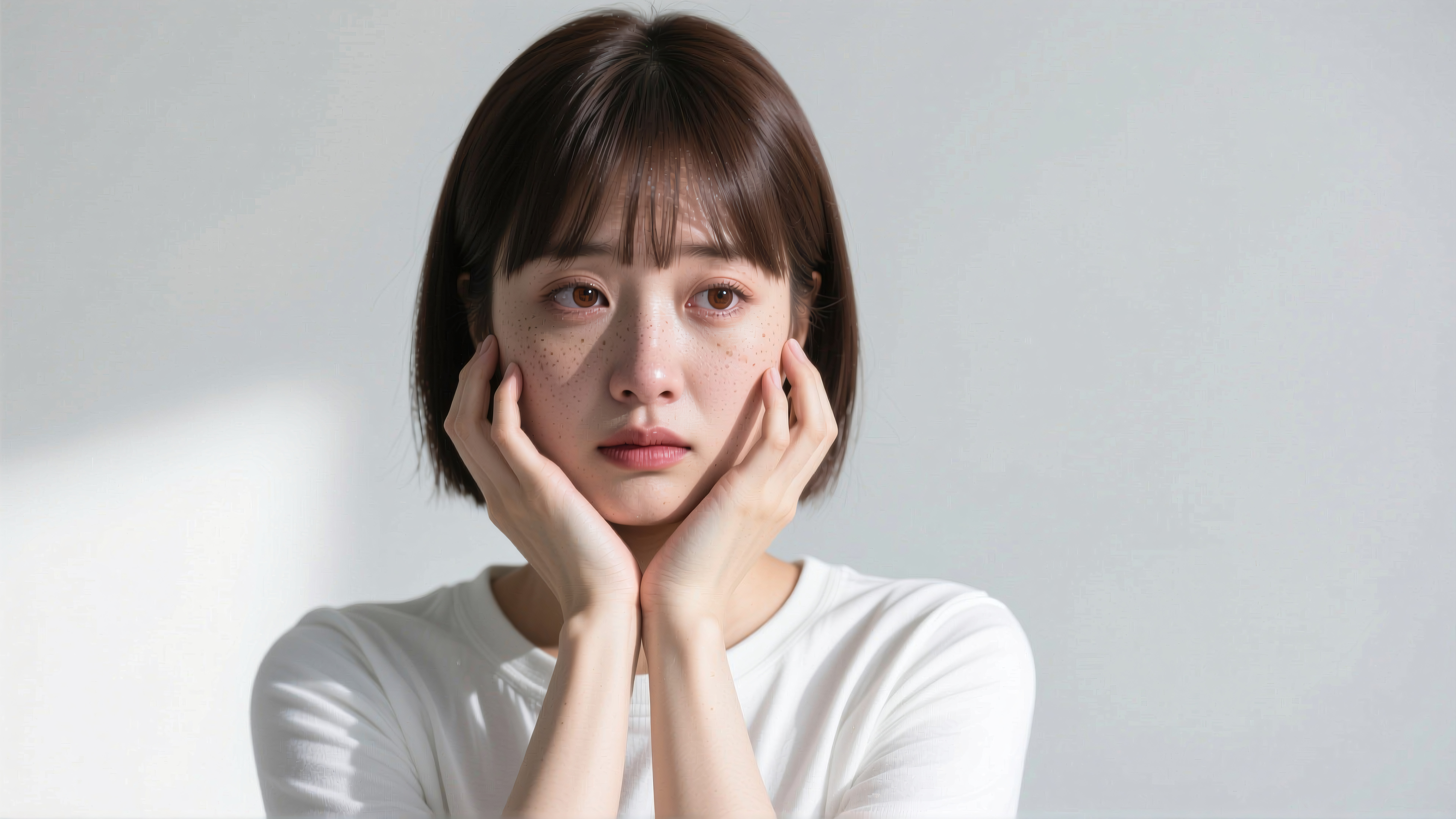 Thoughtful Woman with Hands on Cheeks Against Neutral Background