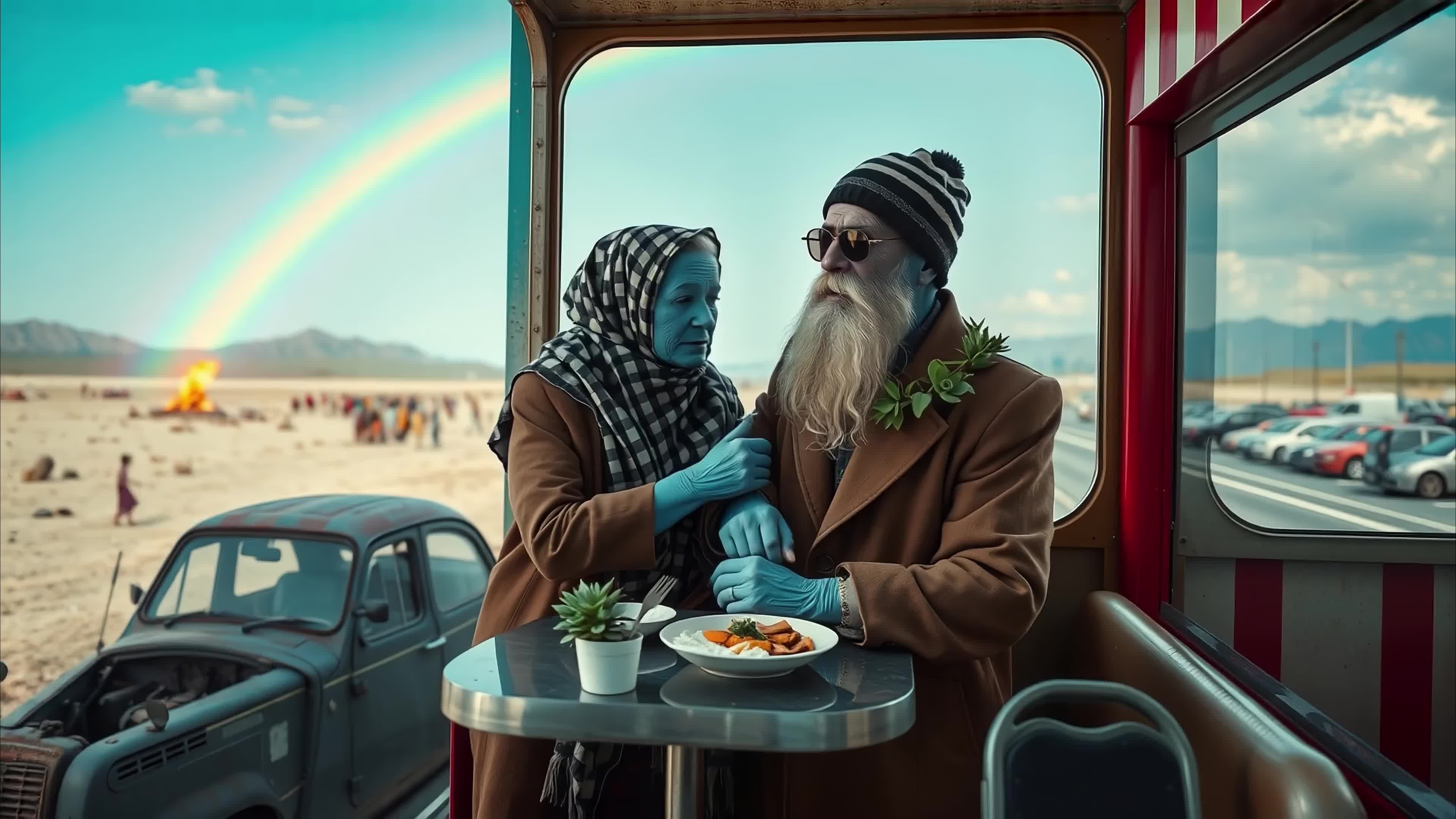 4K video of two eccentric individuals sitting inside a retro-style bus parked in an open desert landscape under a brilliant rainbow arching across the sky.