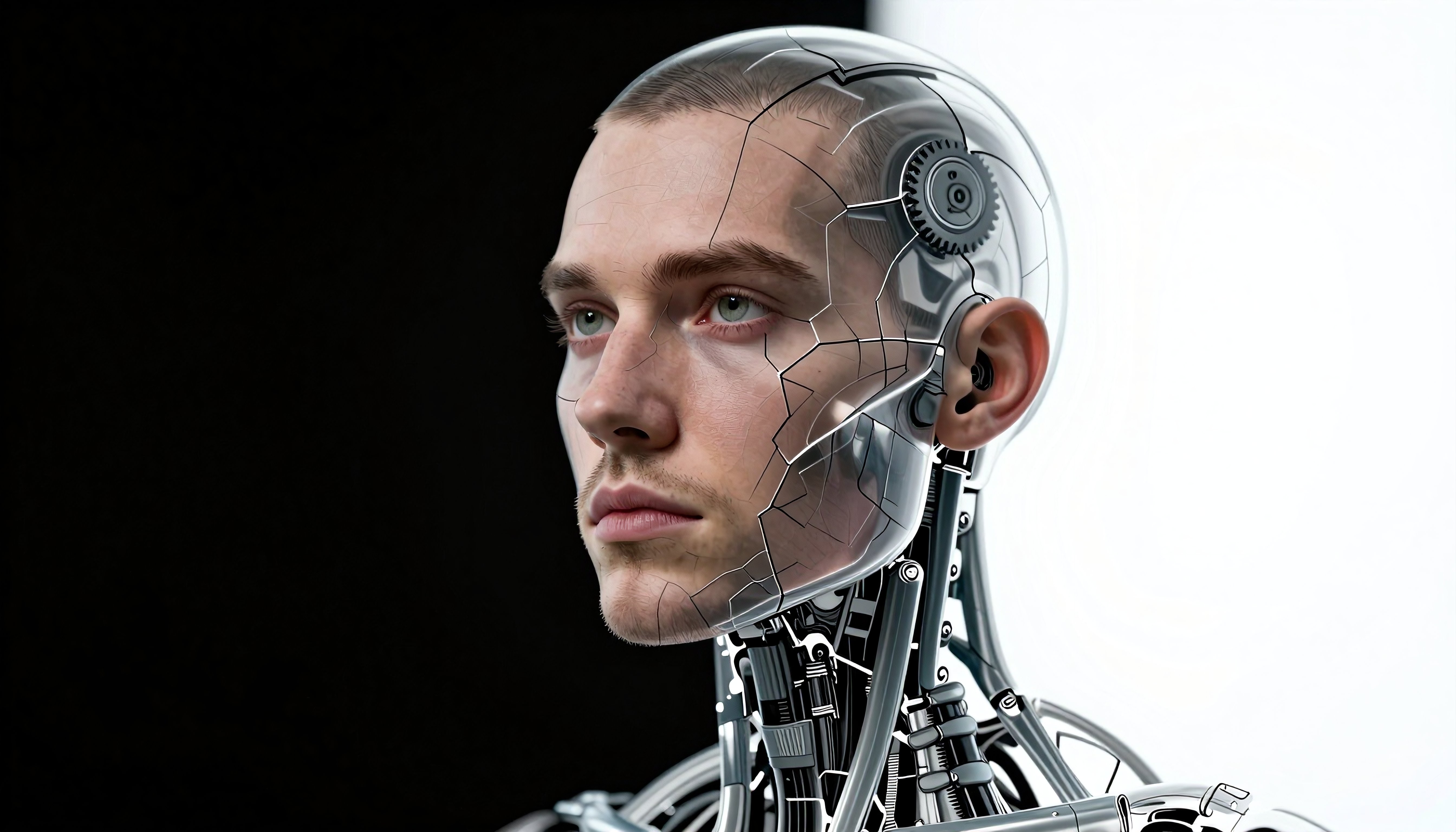 Humanoid Robot with Transparent Cracked Head and Mechanical Components