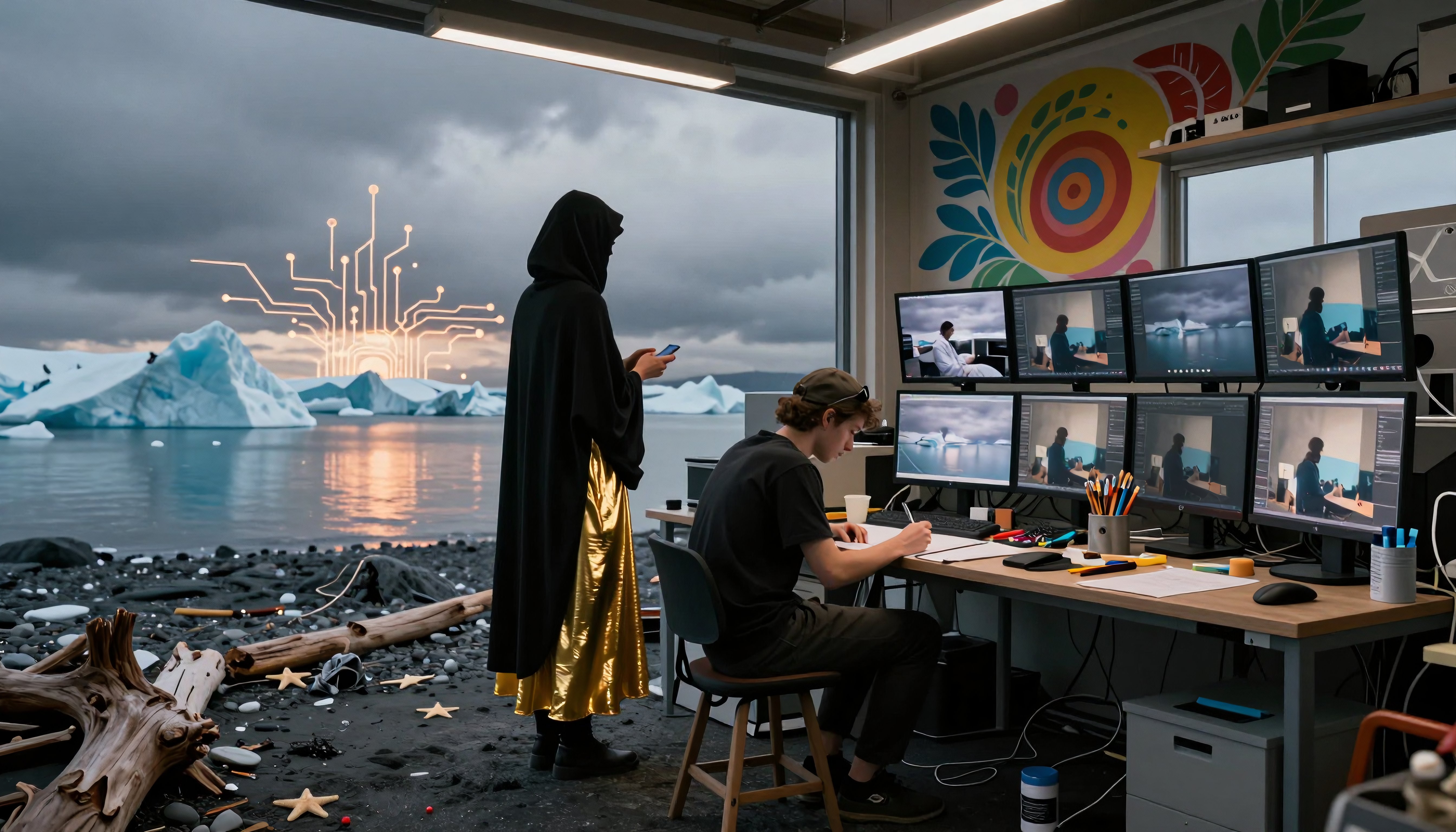 Tech Workspace with Surreal Arctic Landscape and Digital Elements