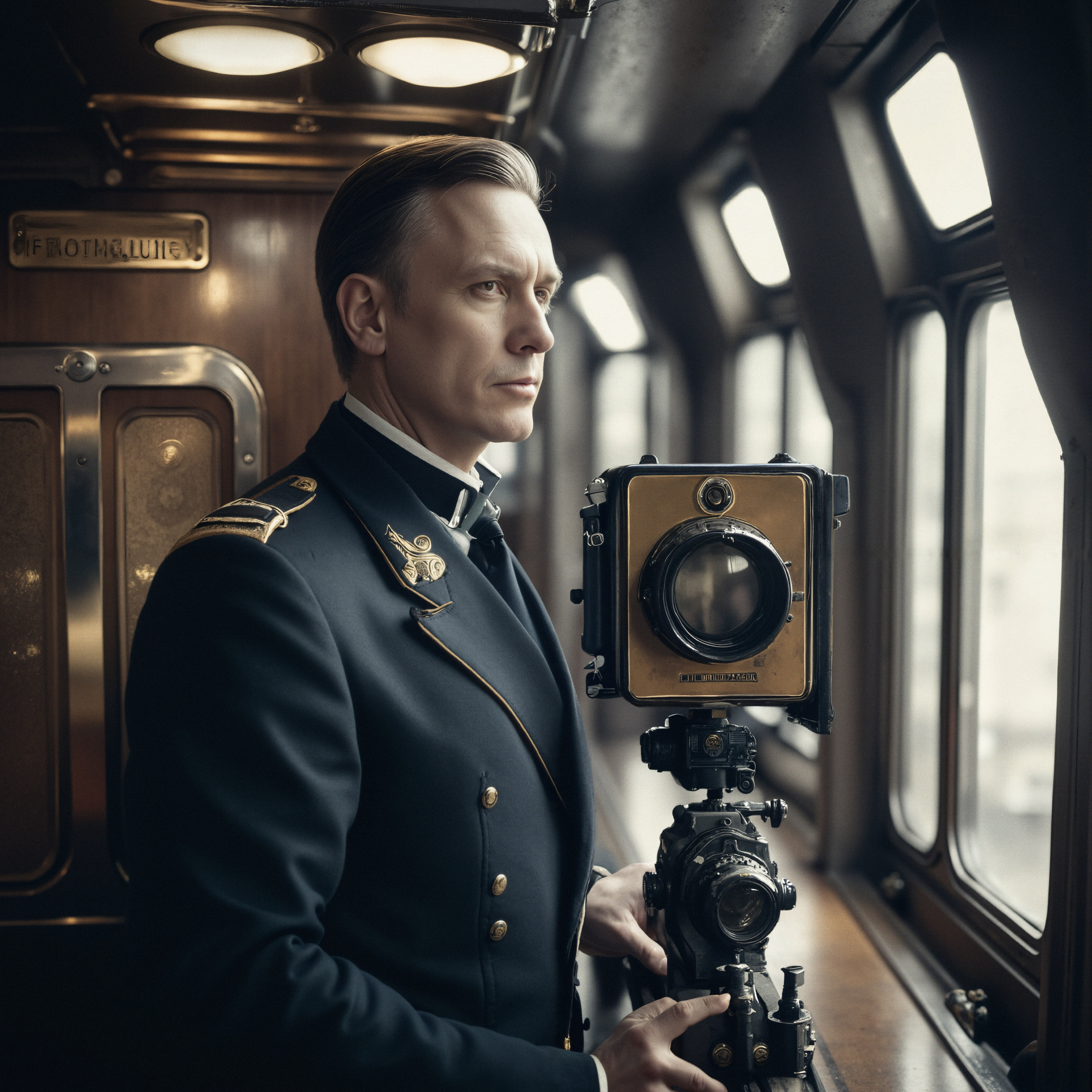Vintage train conductor with antique camera aboard luxury carriage
