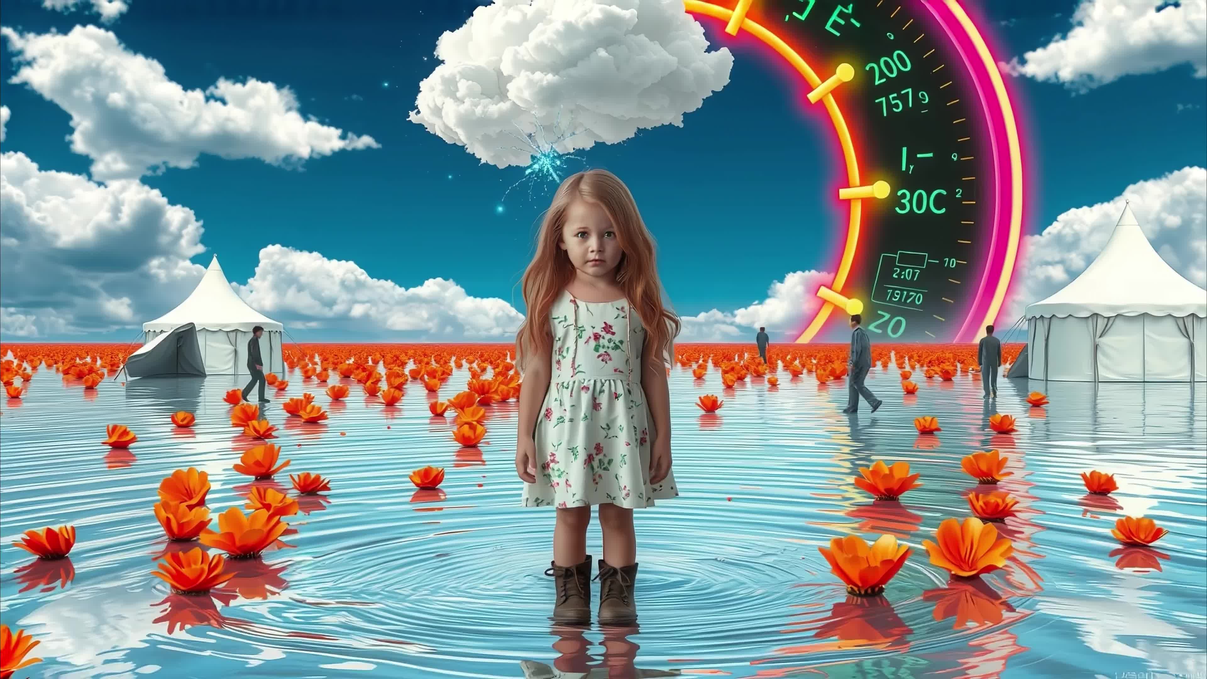 4K video of a young girl standing in a field covered with water and floating orange lotus flowers.