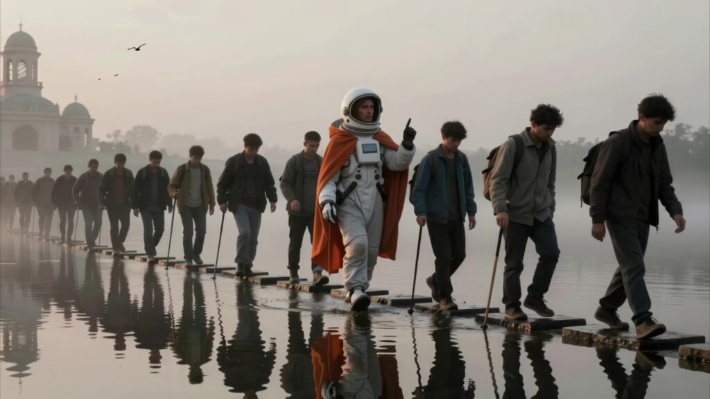 Astronaut Leads Group Across Water 4K Video