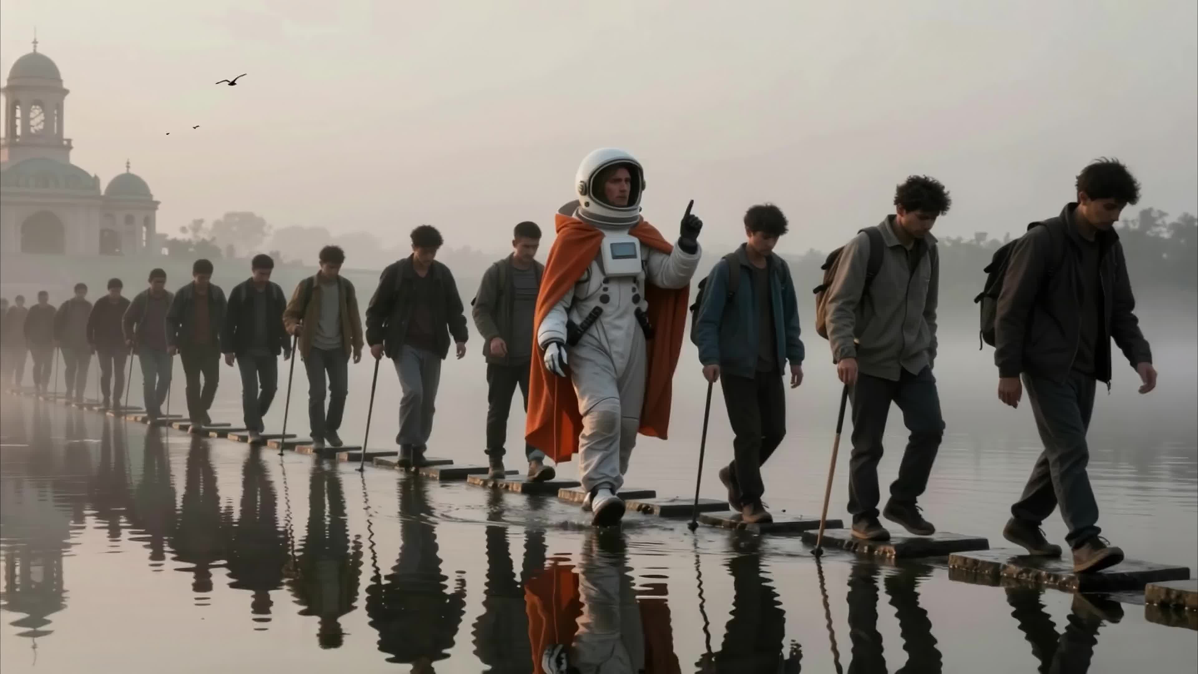 Astronaut leads group crossing misty water bridge amid ancient architecture under dawn sky, 4K video.