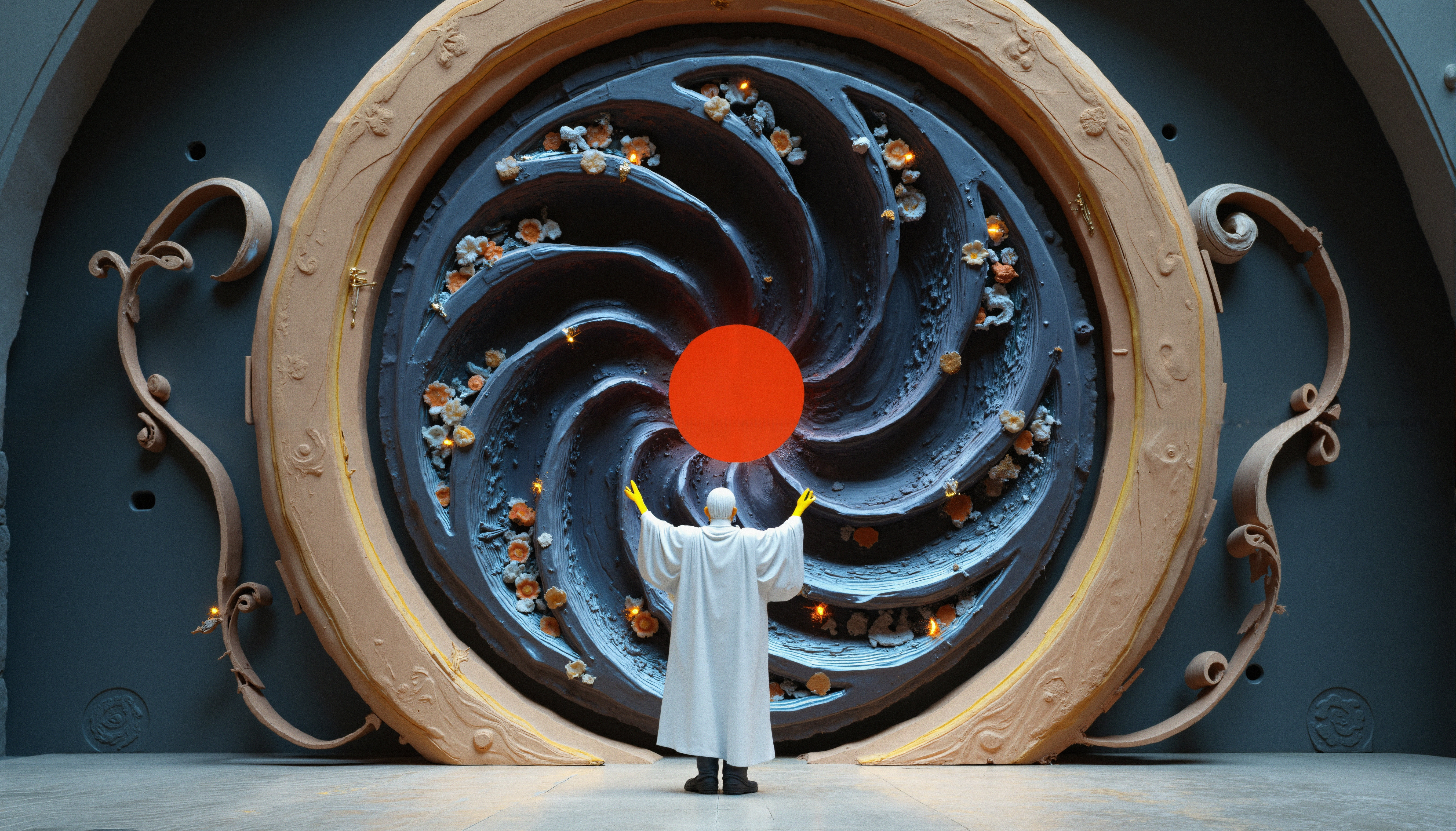 Scientist before cosmic spiral portal with floral elements