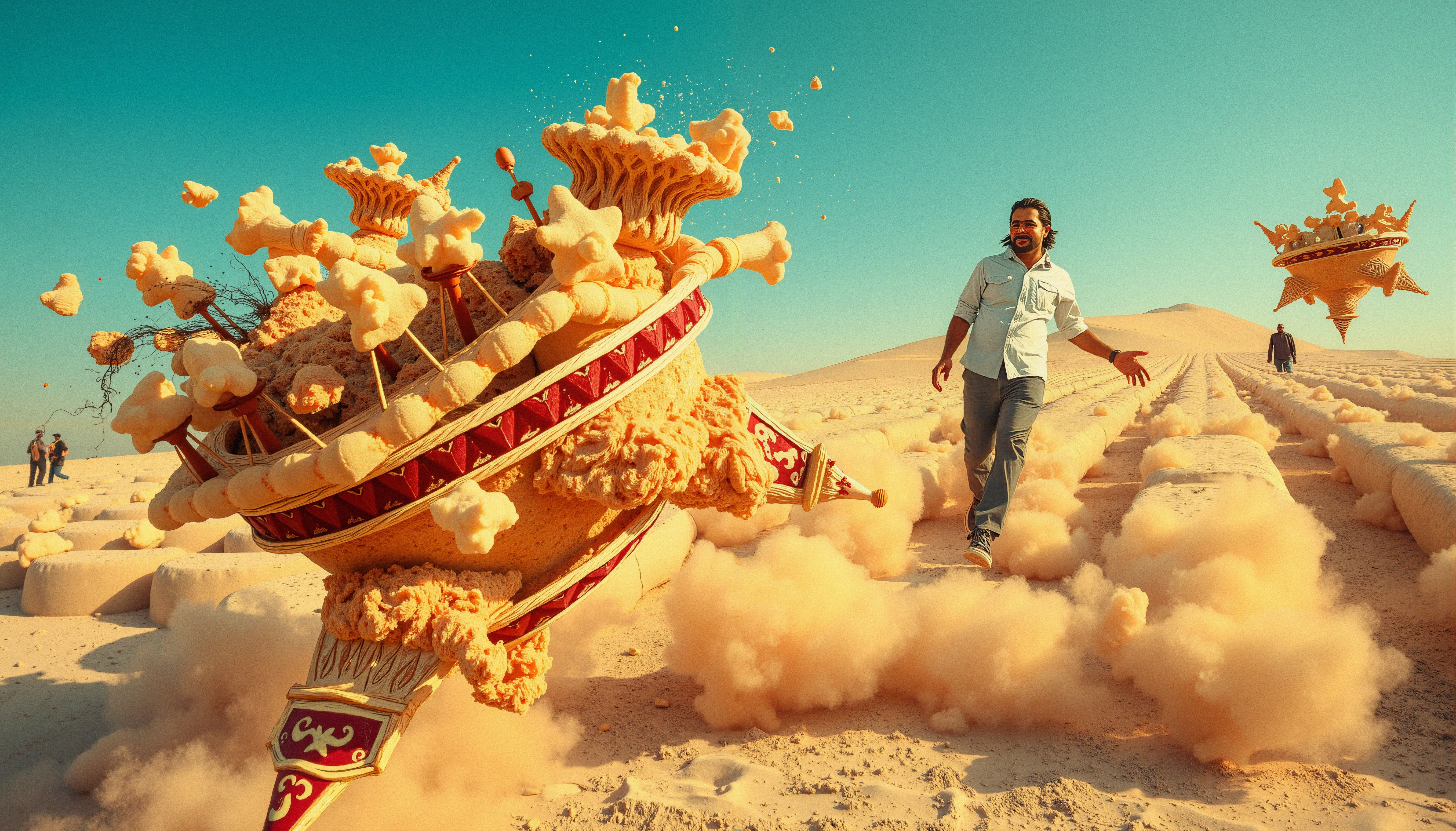Man Walking Through Mysterious Golden Dunes with Floating Castle Structures