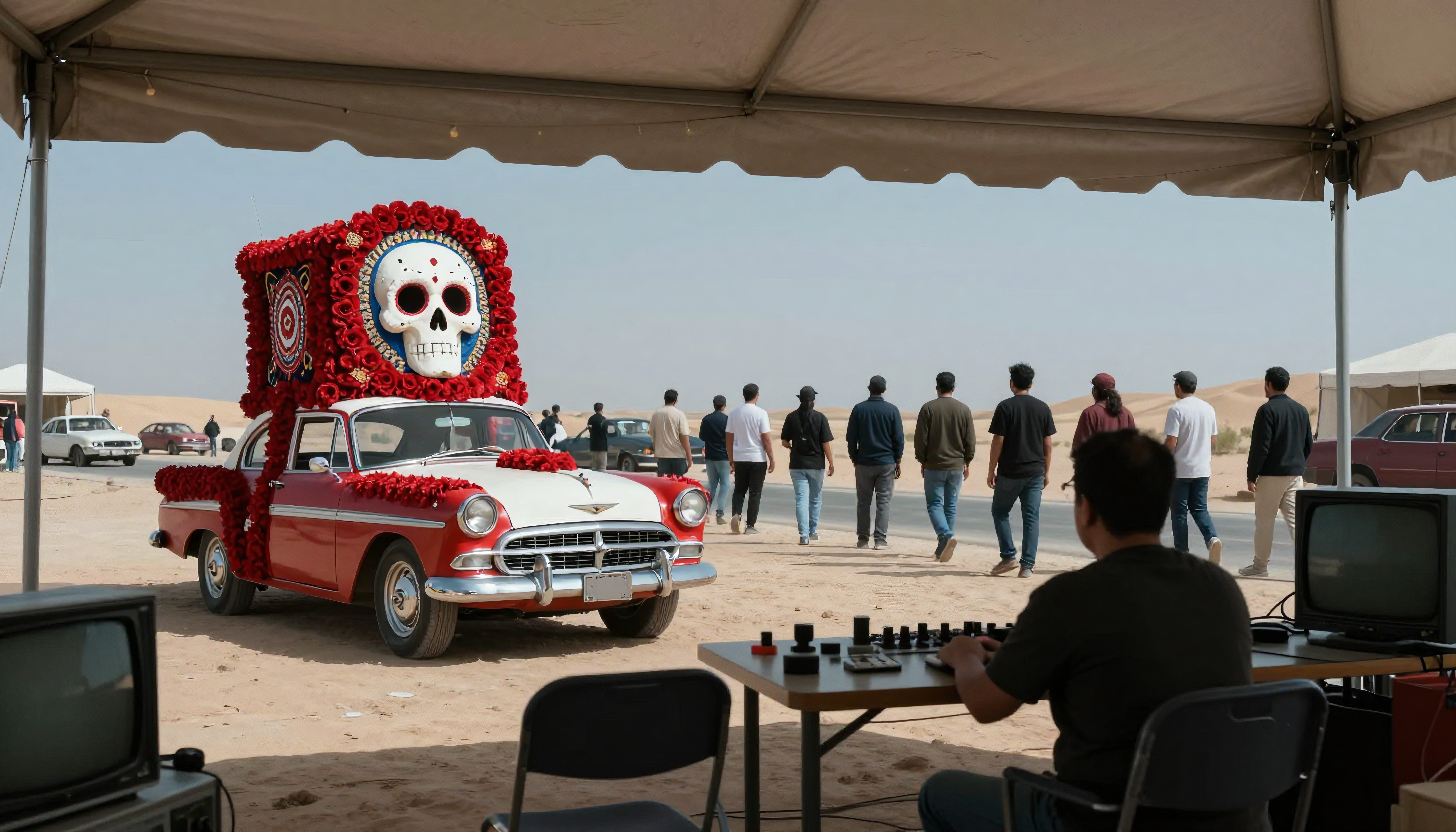 Vintage Car Decorated with Skull and Roses at Desert Festival Event