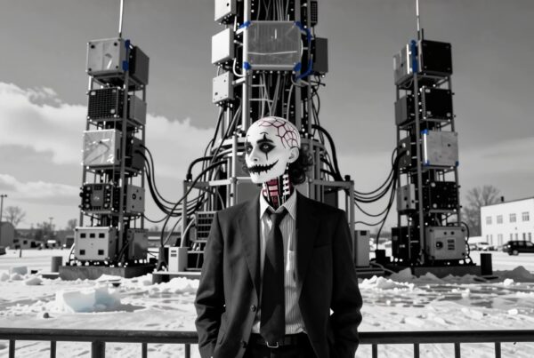 Skull-masked businessman poses ominously against snowy industrial backdrop with towering machines and bleak skies, 4K video.