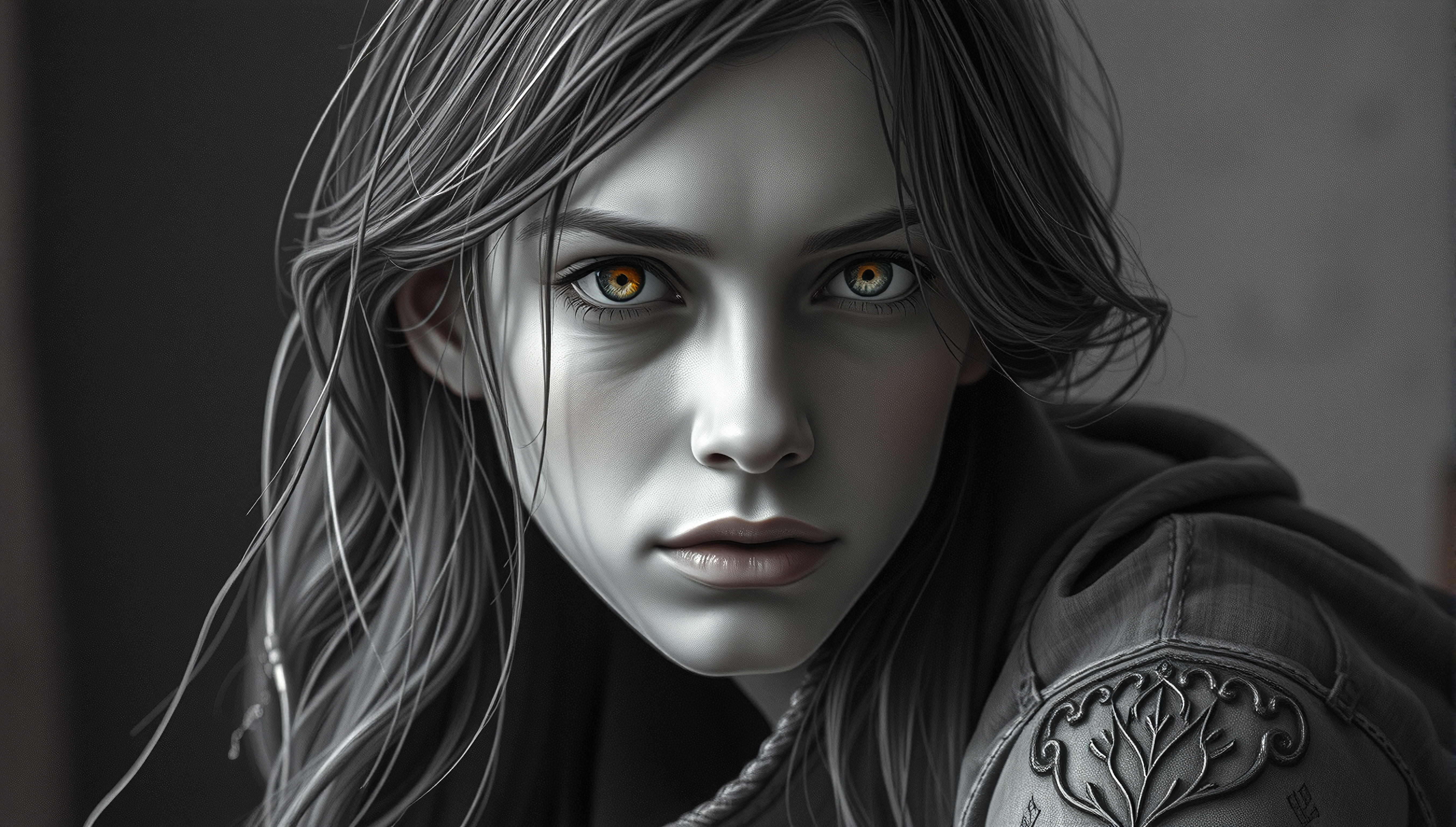Intense Portrait of Mysterious Woman with Piercing Gaze in Dramatic Lighting