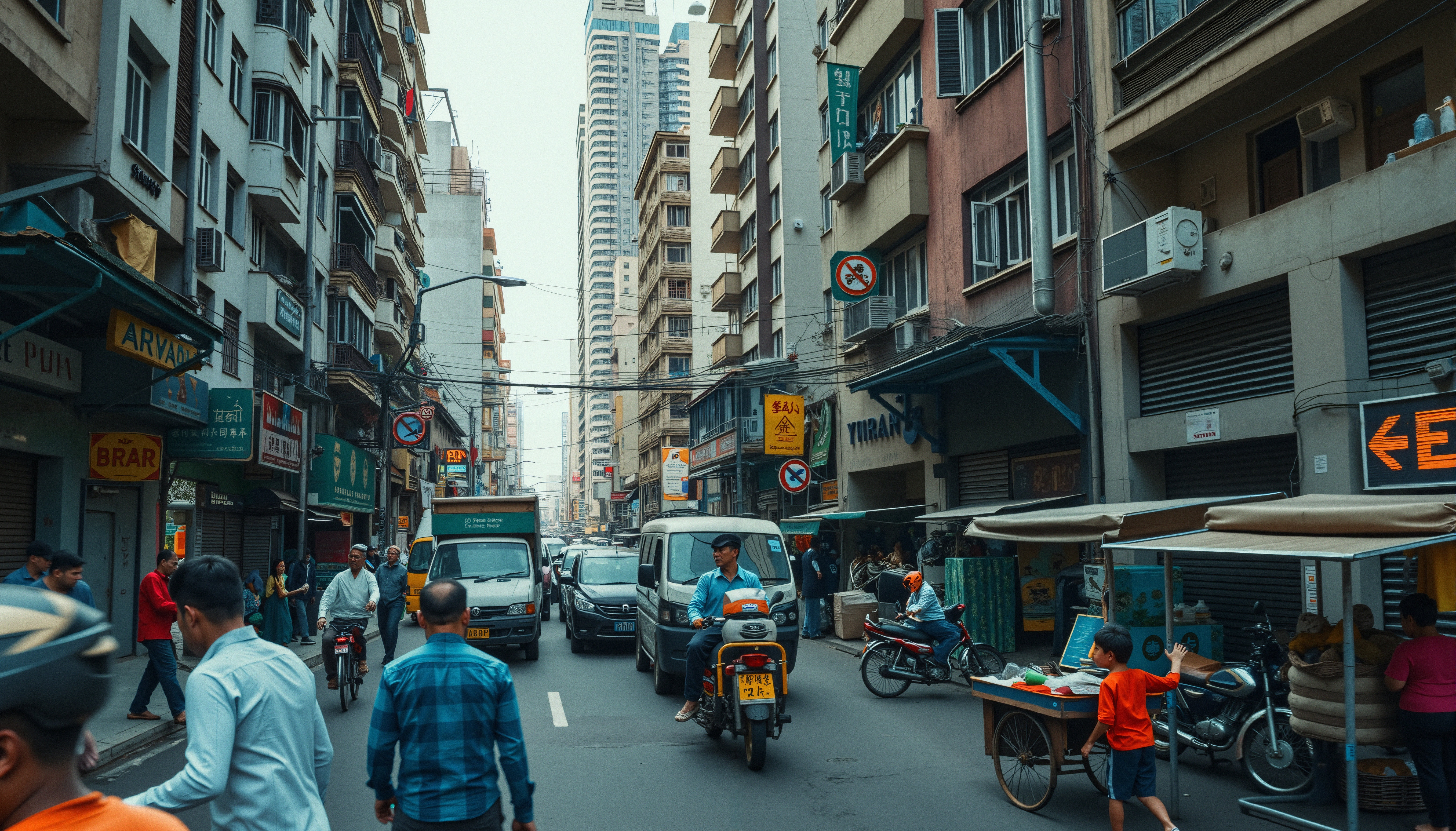 Bustling Urban Street in South Asian City with Pedestrians and Street Vendors