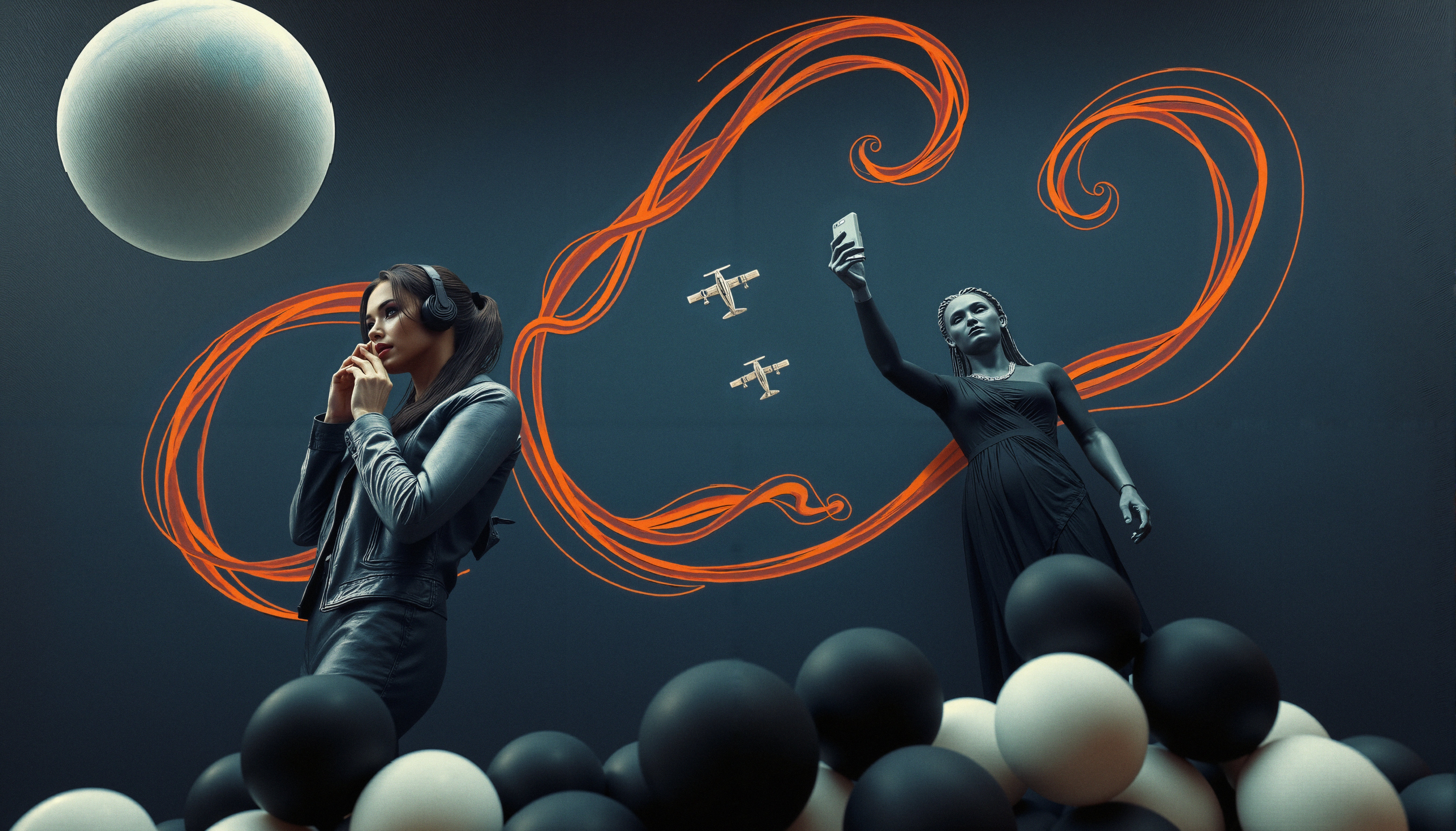 Modern Women in Futuristic Tech Setting with Digital Elements