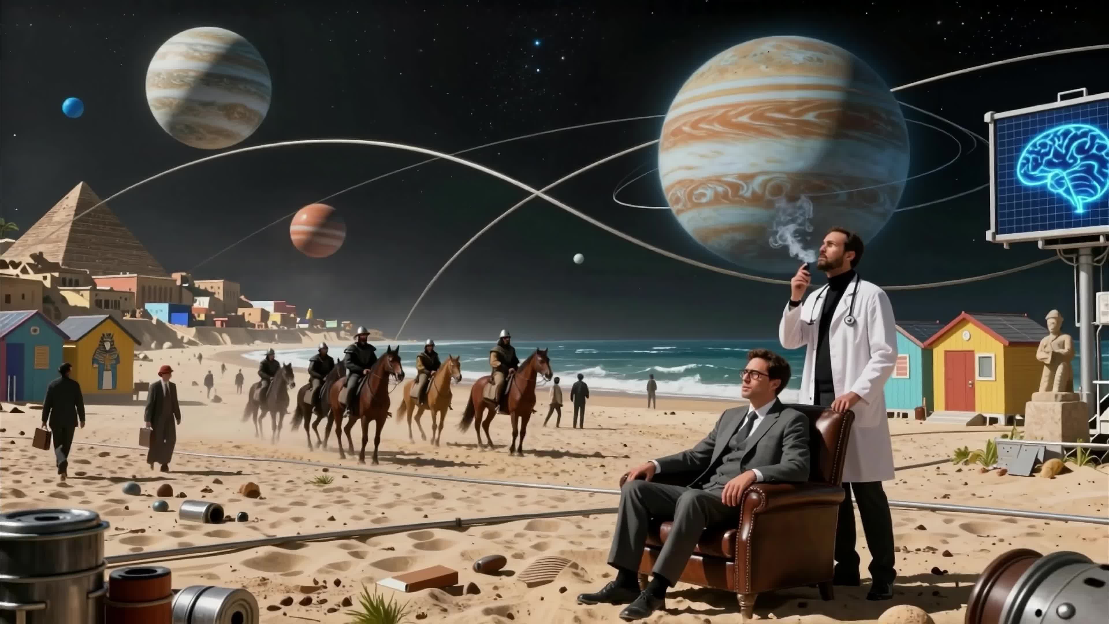 4K video pf scientists conducting neural experiments on a cosmic beach beneath giant planets.