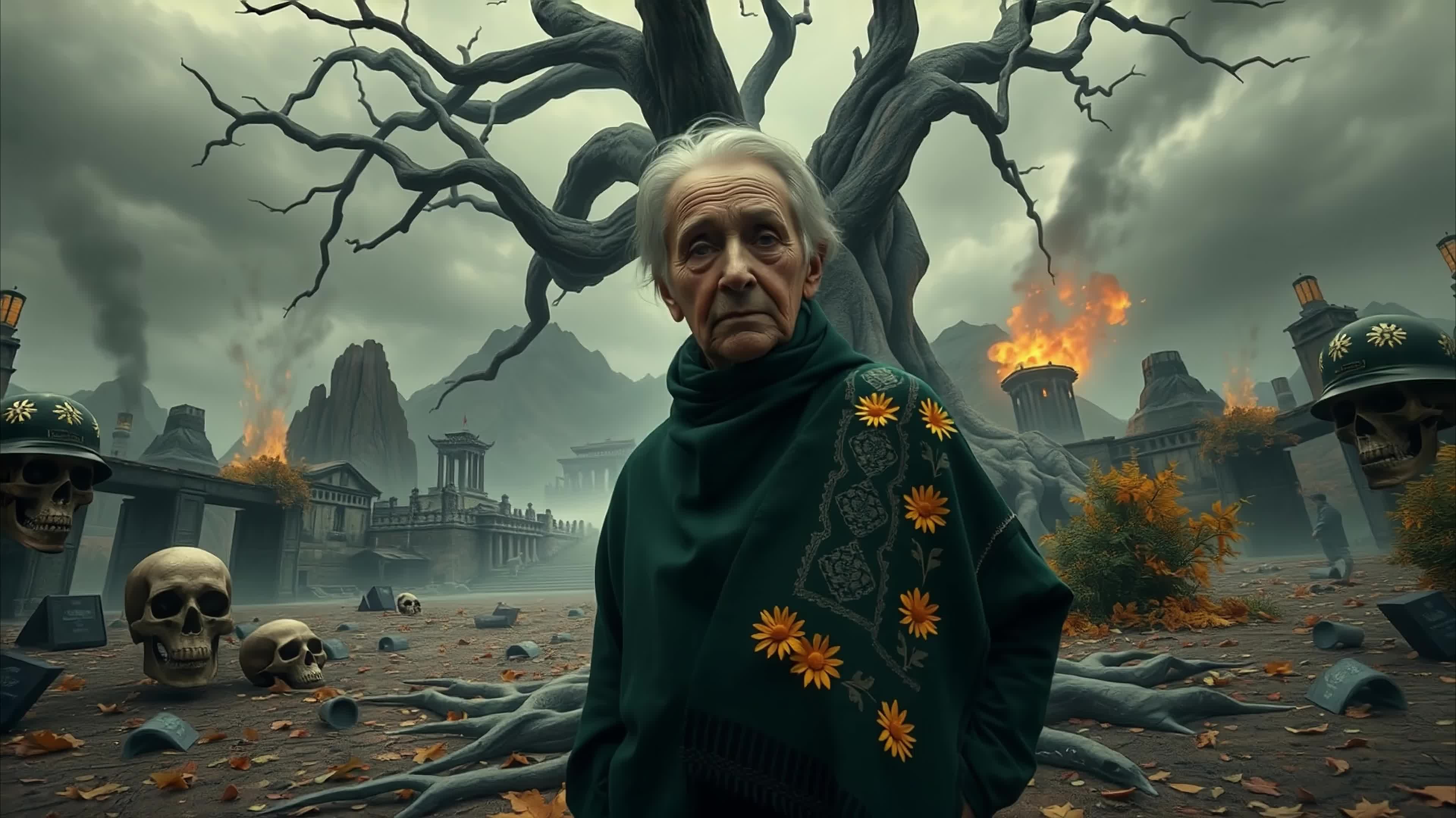 4K video of a desolate apocalyptic landscape where ancient ruins burn and skulls litter the ground beneath twisted trees.