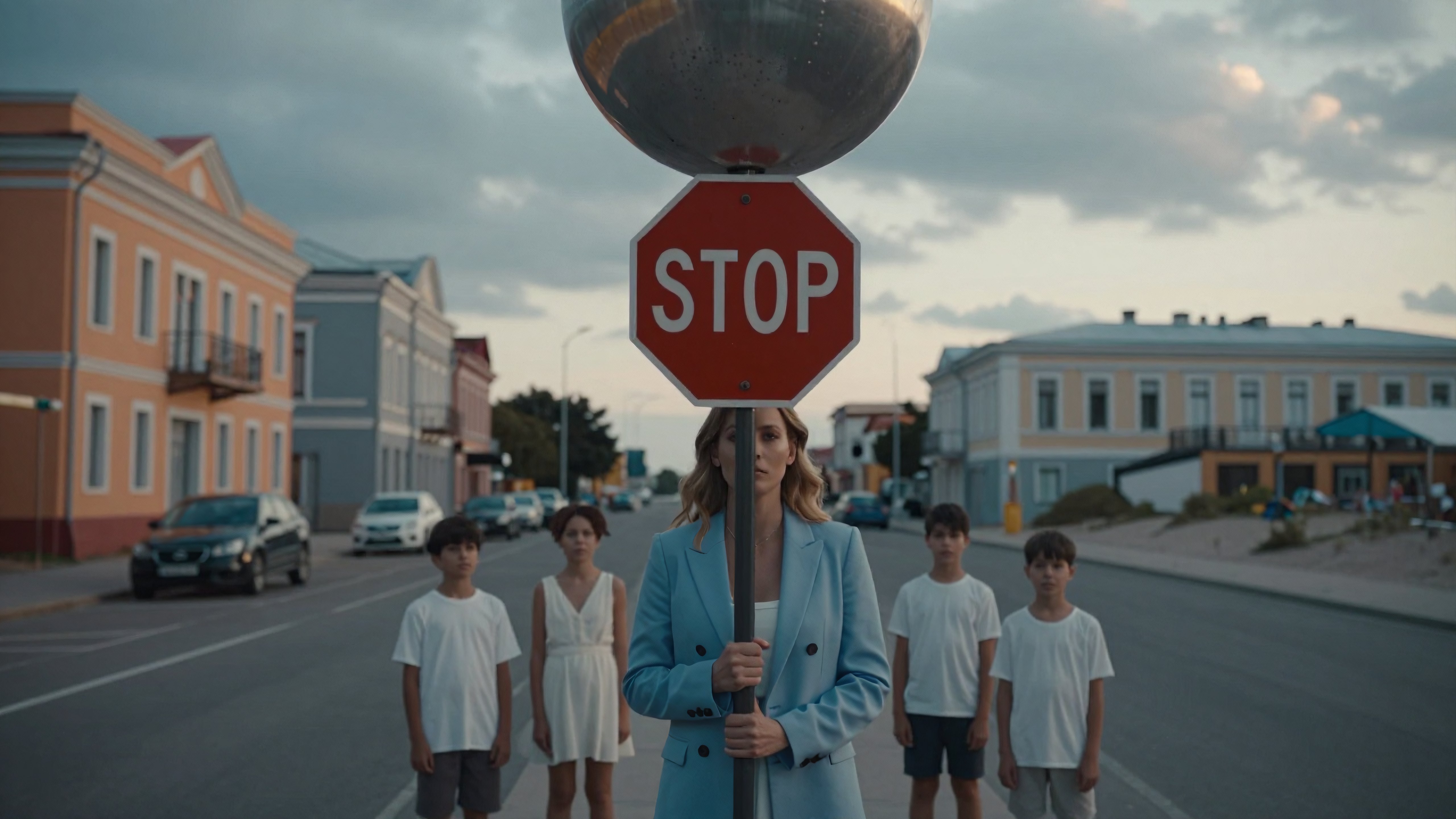 Woman holding stop sign with children on urban street