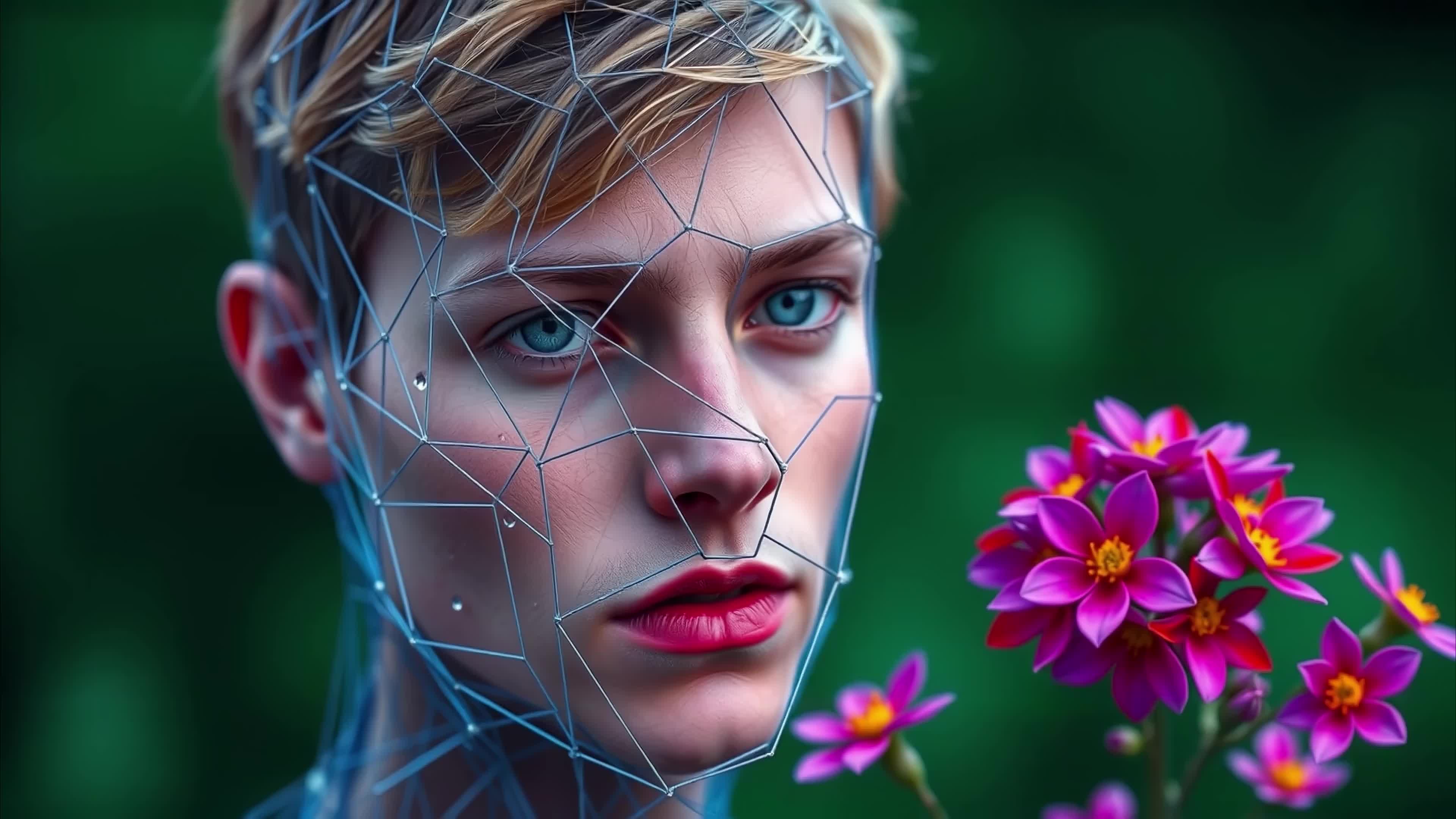 Futuristic human face surrounded by blossoms blending tech and nature aesthetics, 4K video.