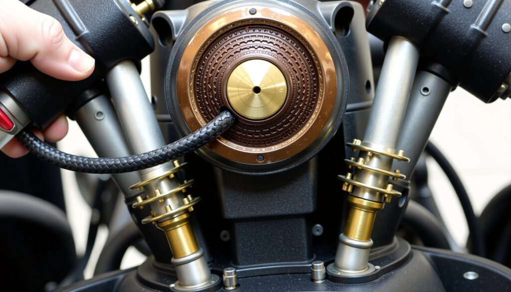 Close-up of vintage motorcycle engine components with metallic accents