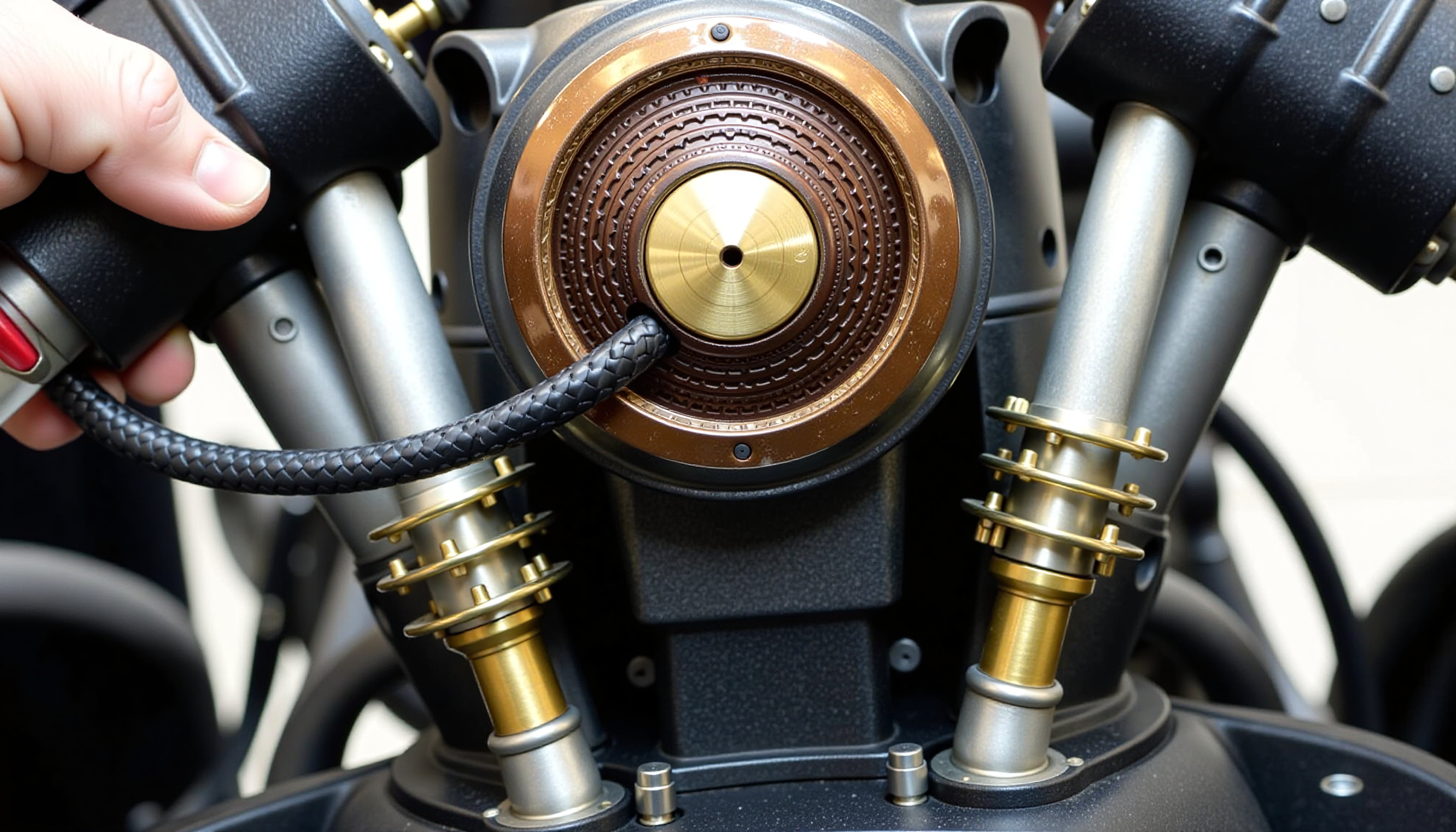 Close-up of vintage motorcycle engine components with metallic accents