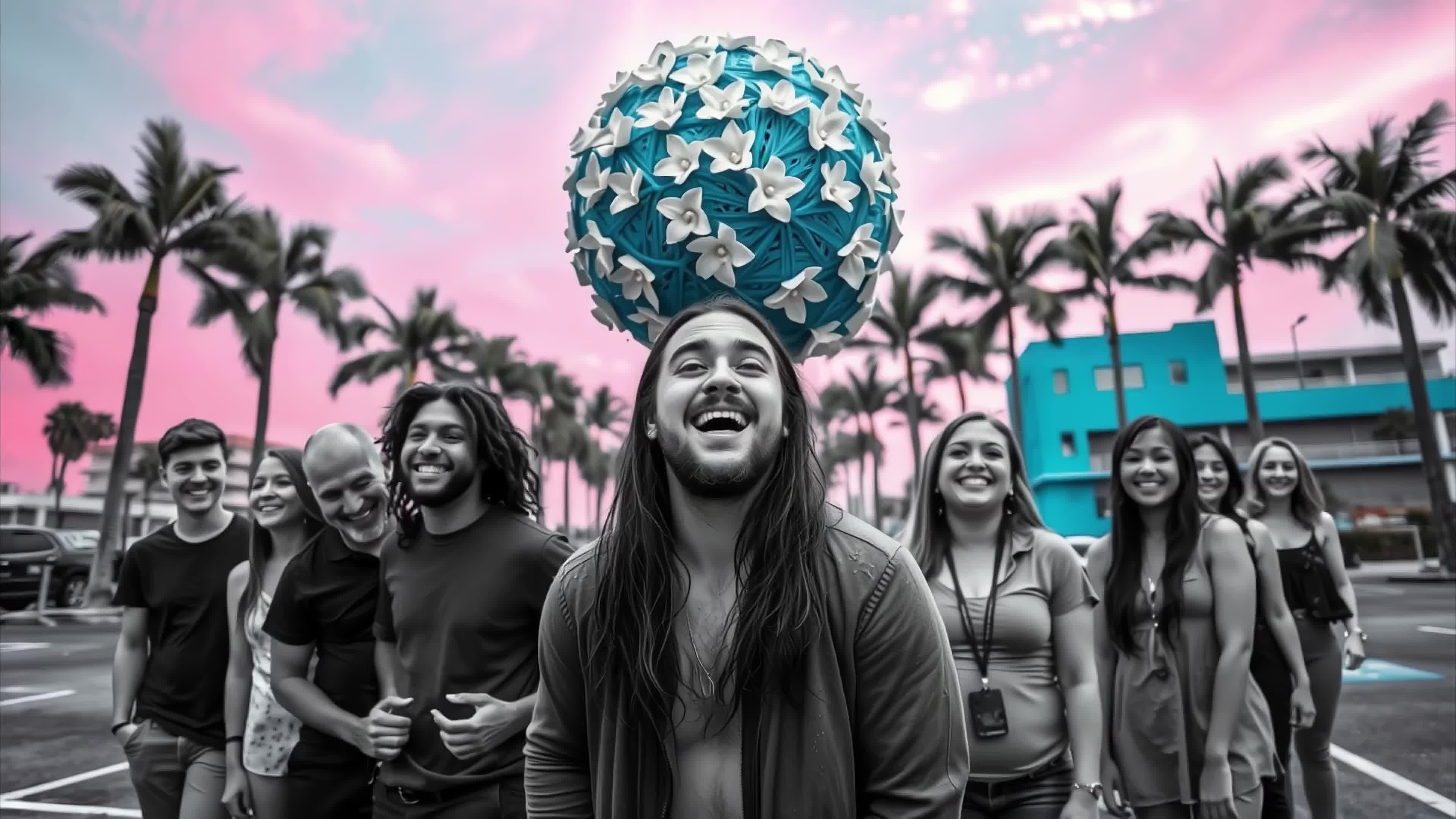 4K video of a man balancing floral sphere amidst tropical palm tree sunset walk