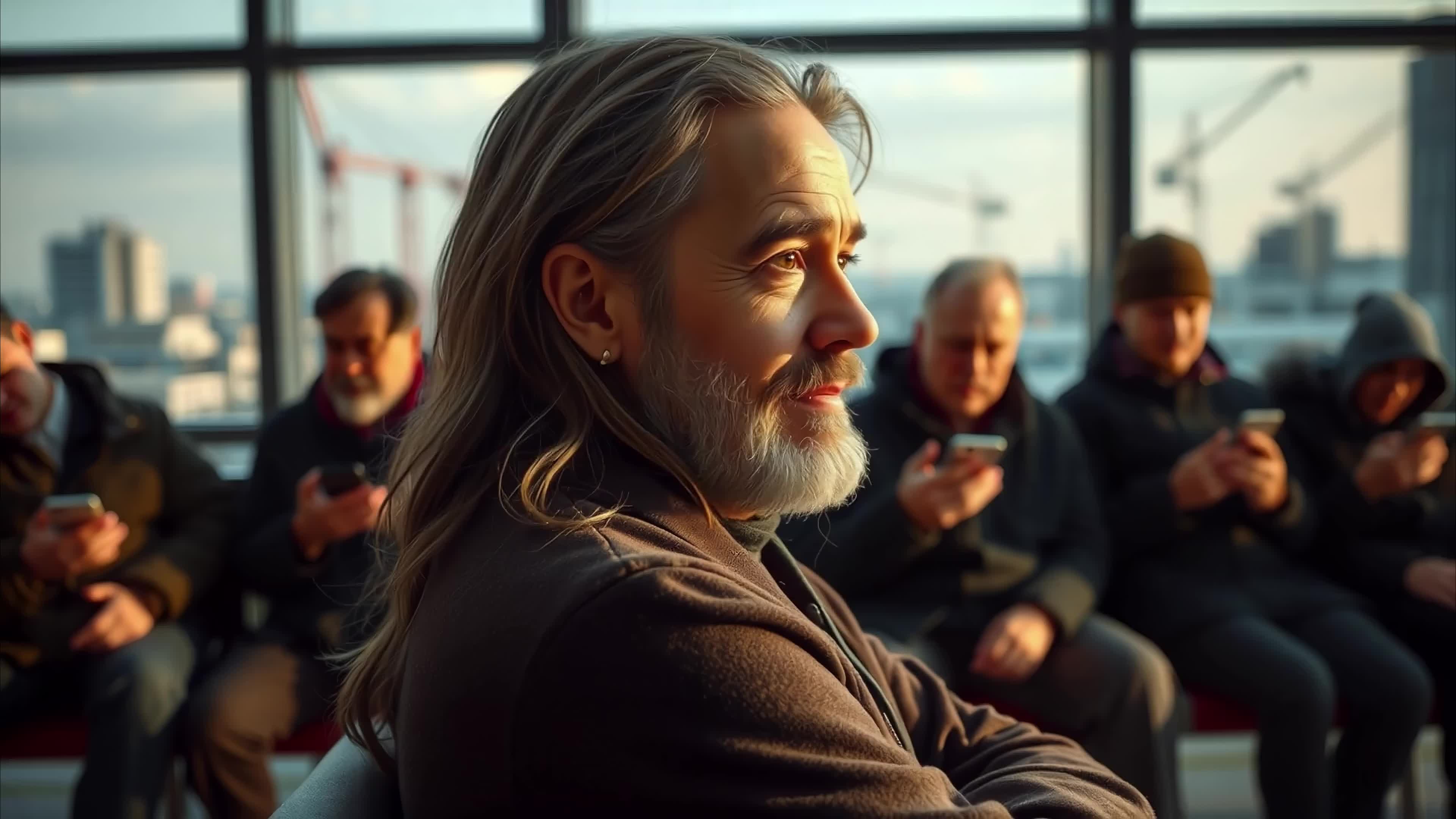 4K video of am elderly man gazing into distance during beautiful sunset surrounded by distracted phone users on moving vessel near bustling city waterfront