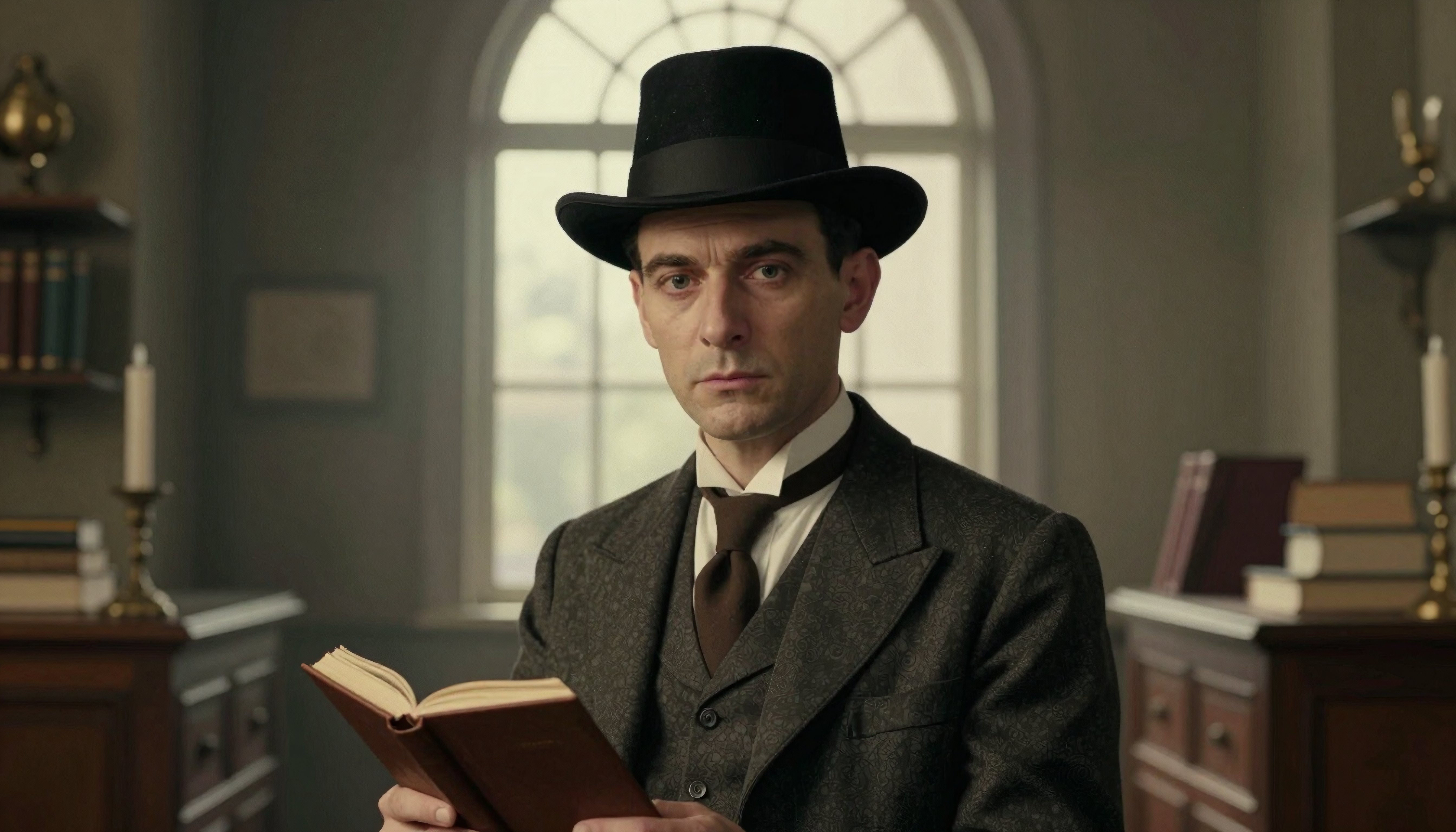 Vintage Study Portrait of Gentleman with Book and Top Hat