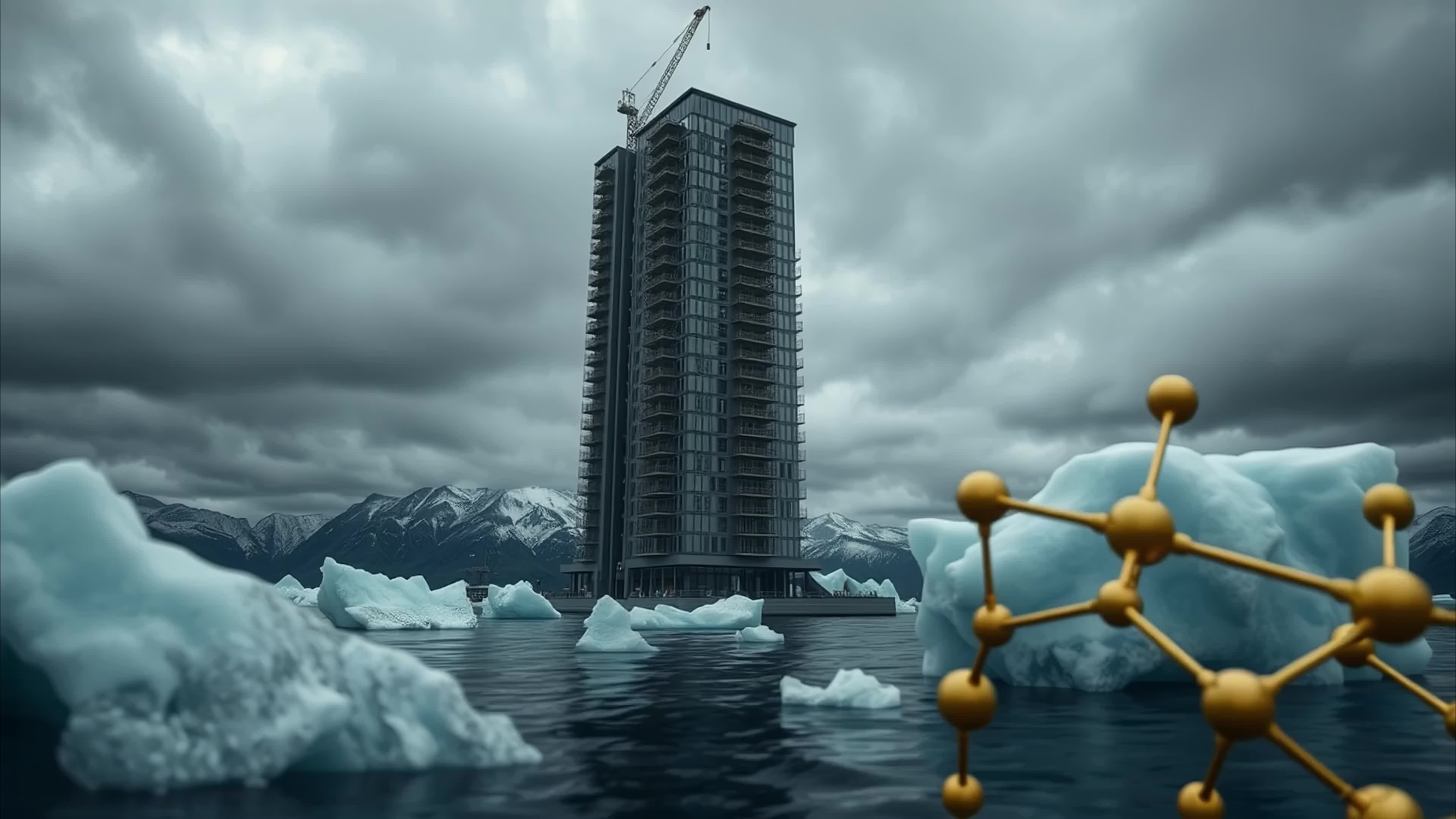 4K video of a surreal skyscraper amid icebergs under stormy skies with glowing molecule model. nearby.