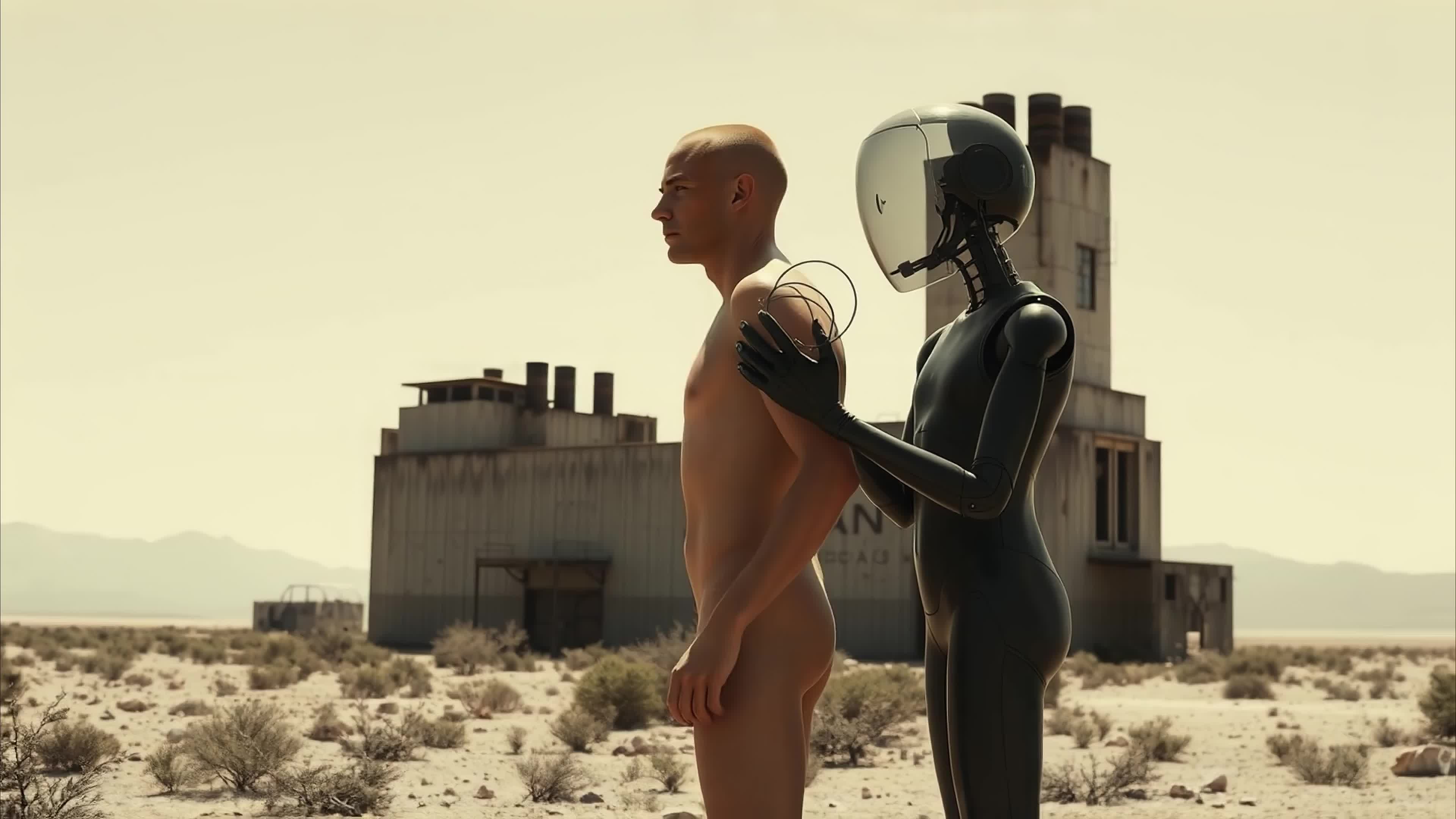 4K video of a human standing naked beside a sleek black robot with glowing blue eyes in its helmet.