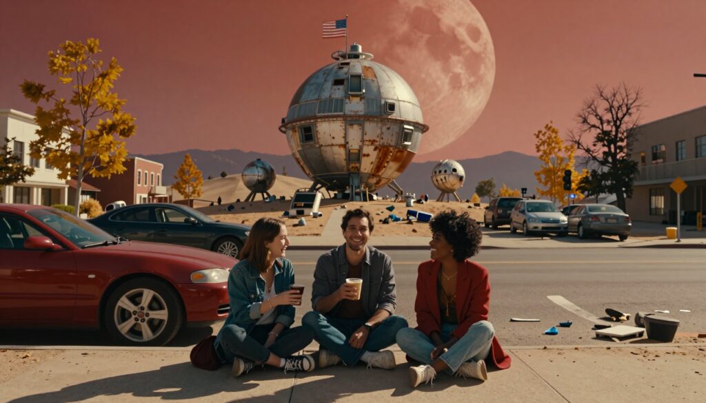 Three Friends Socializing Under Giant Moon with UFO Structures on Urban Street