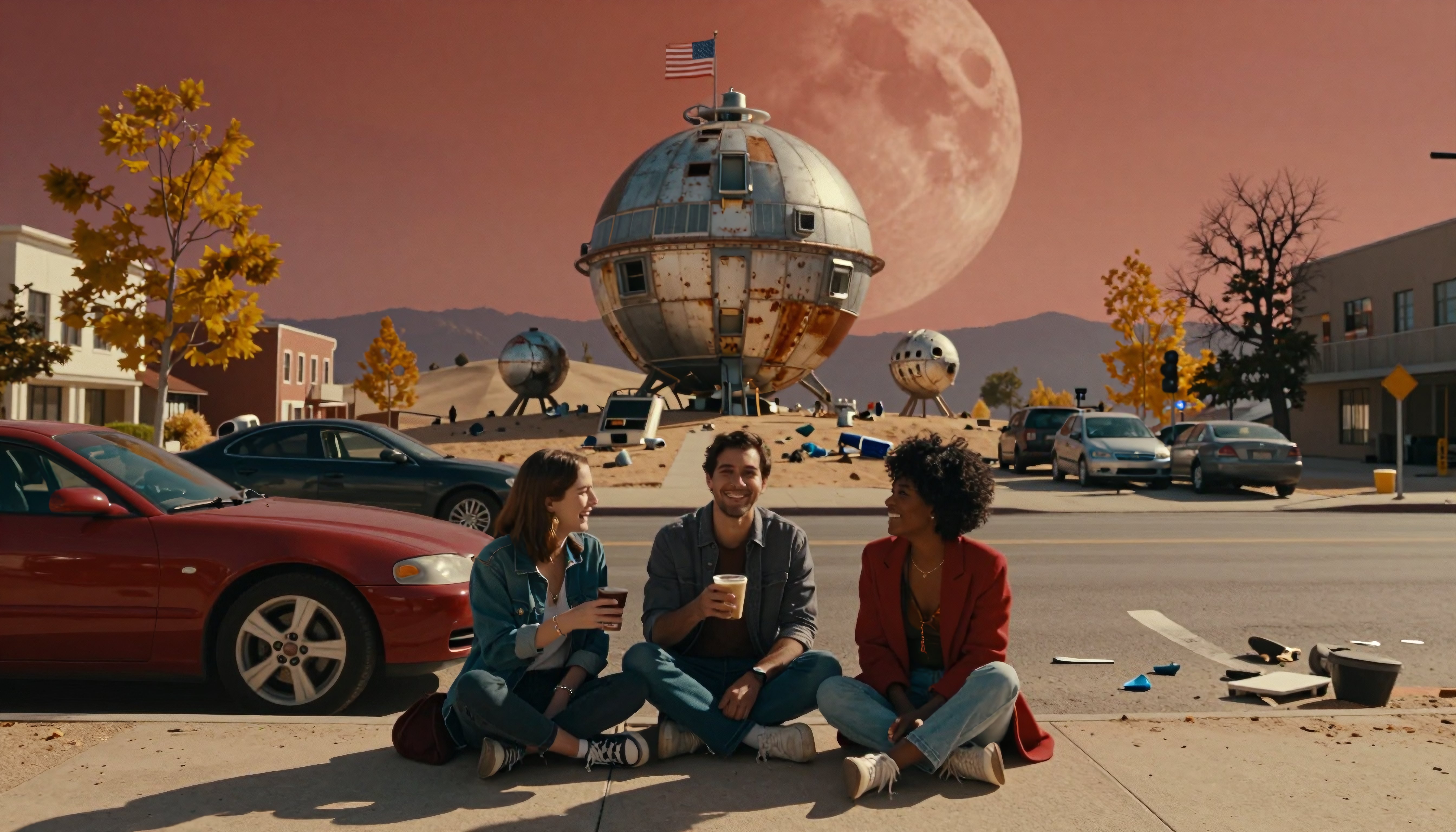 Three Friends Socializing Under Giant Moon with UFO Structures on Urban Street