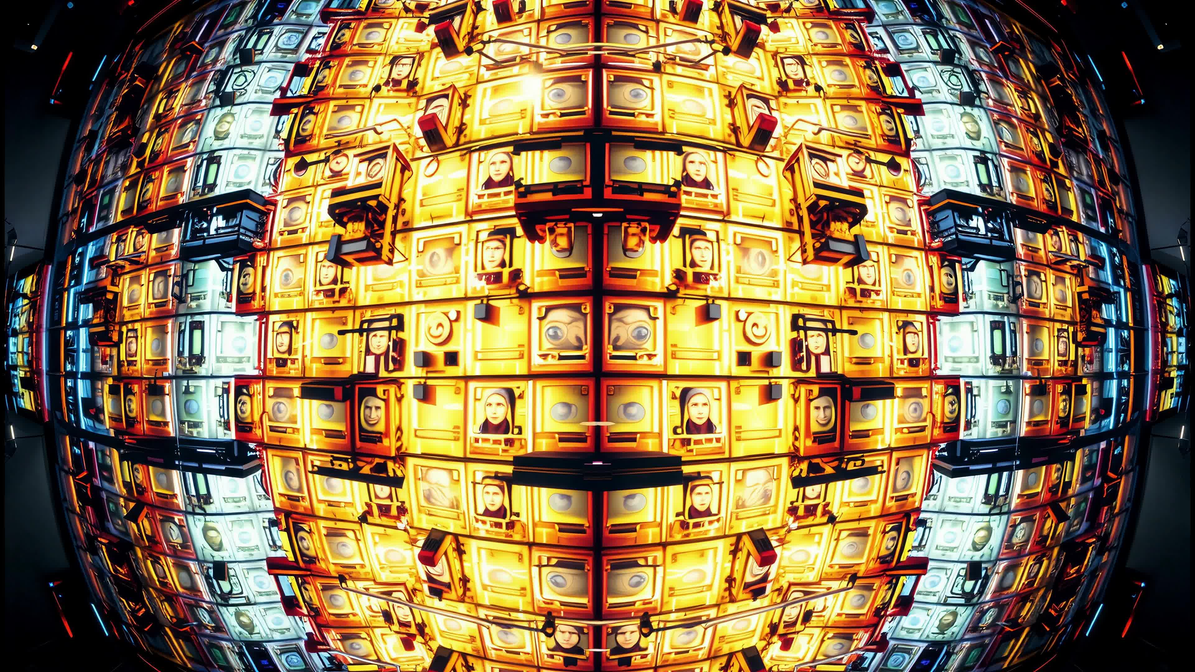 60fps 4K video of an enormous spherical structure made of vintage computer monitors arranged in a grid pattern each with a different face on the screen.