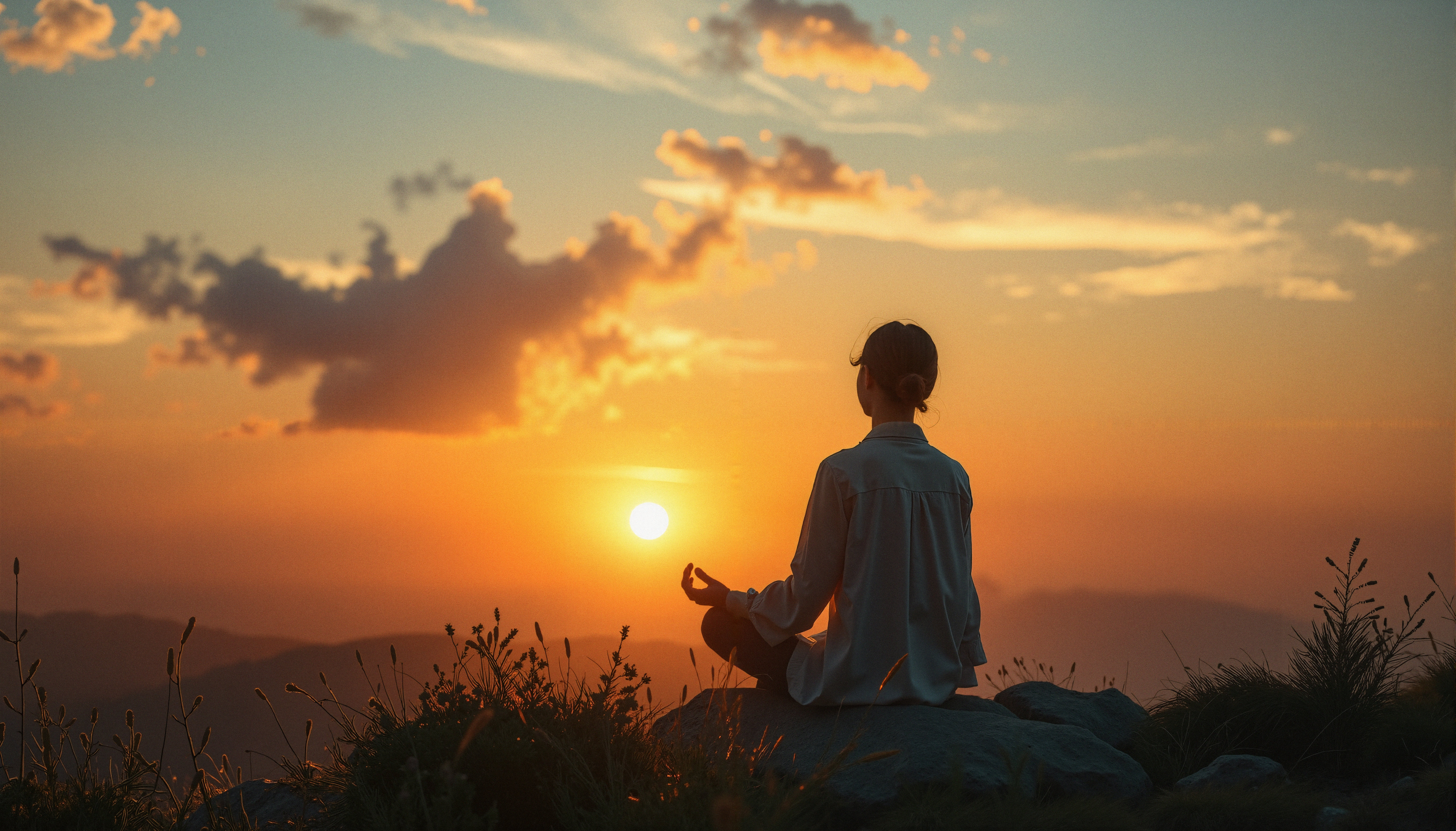 Silhouette Meditation at Sunset on Rocky Hilltop