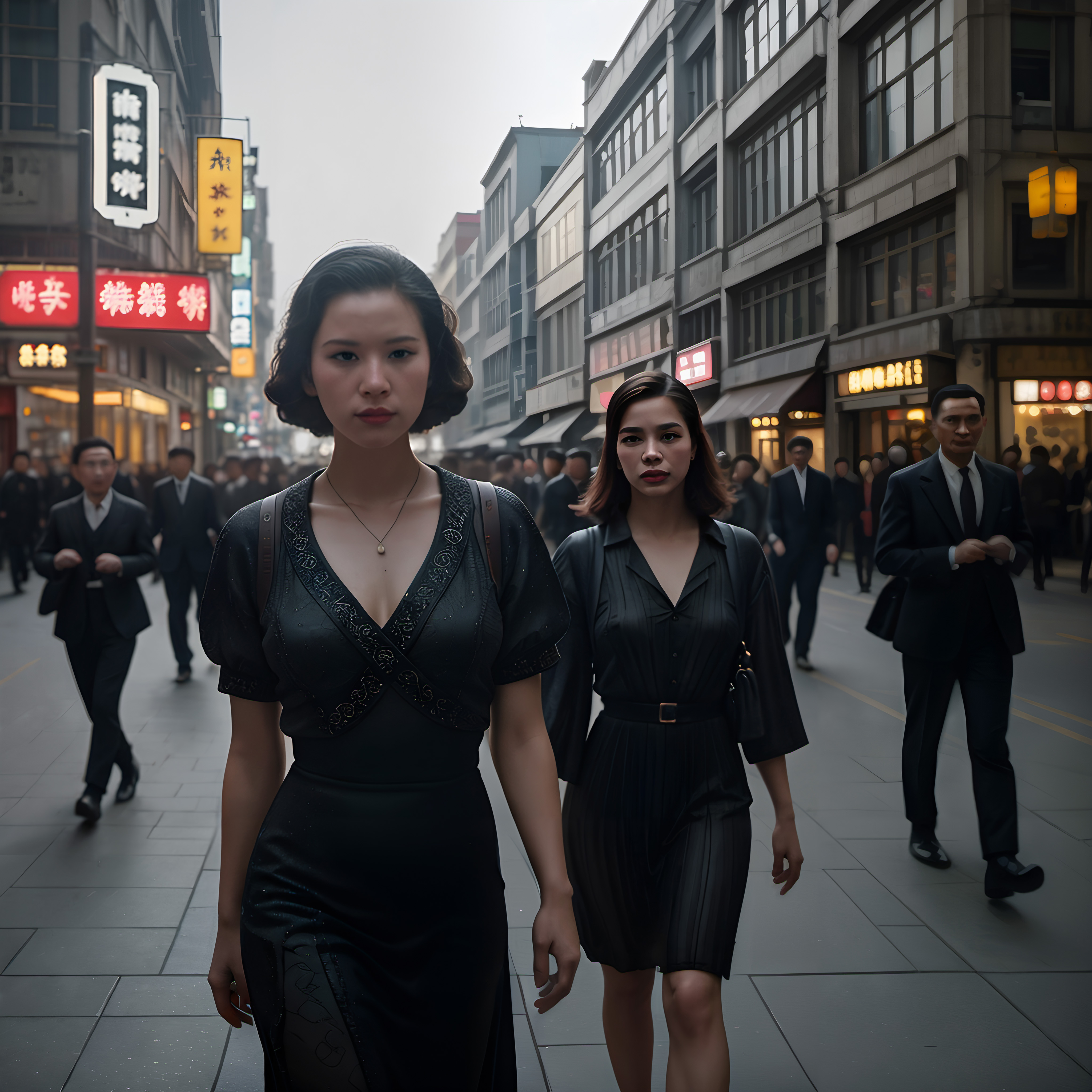 Two Women Walking in Urban Business District with Asian Signage