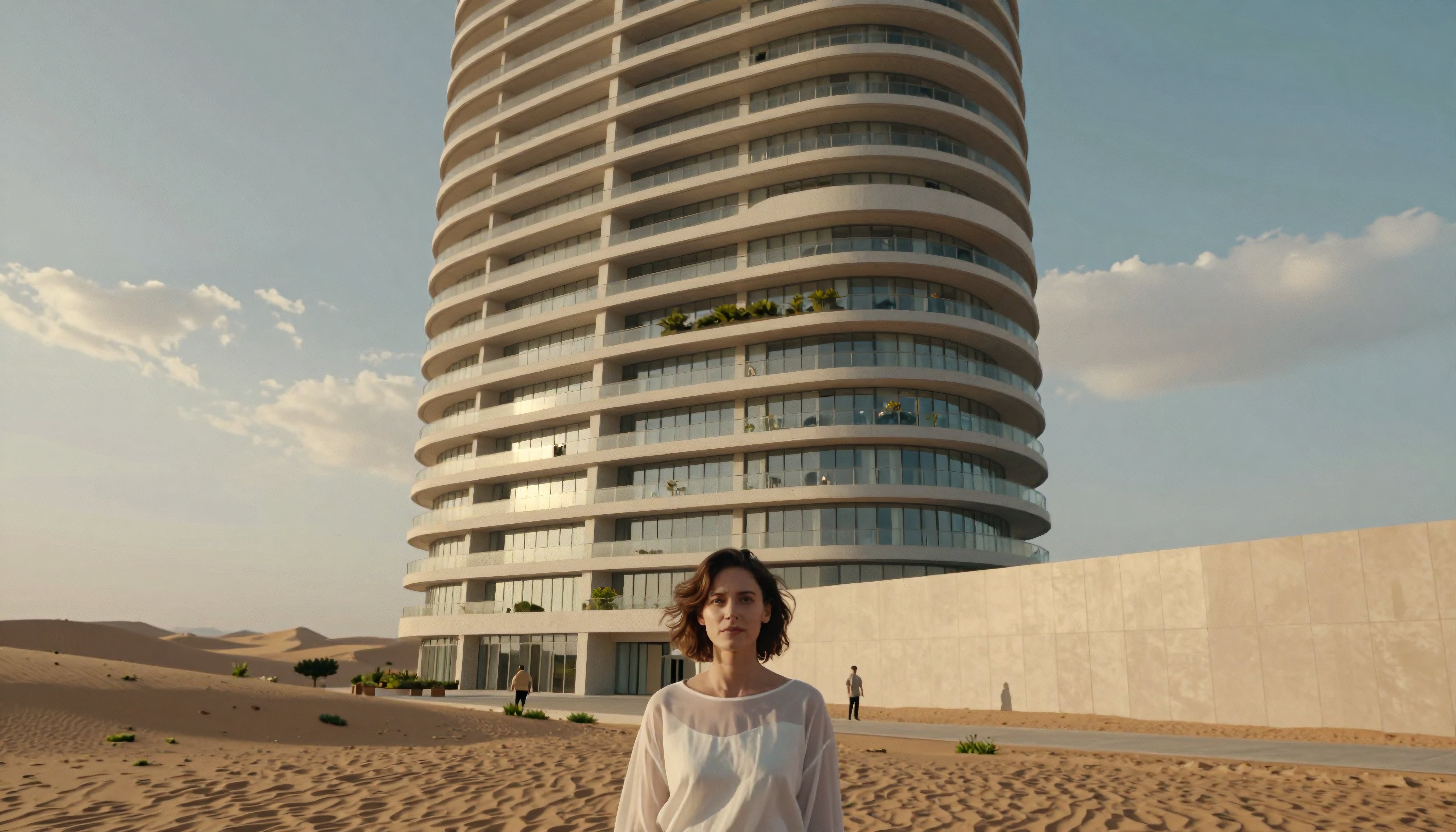 Desert Woman Before Curved Modern High-Rise Building