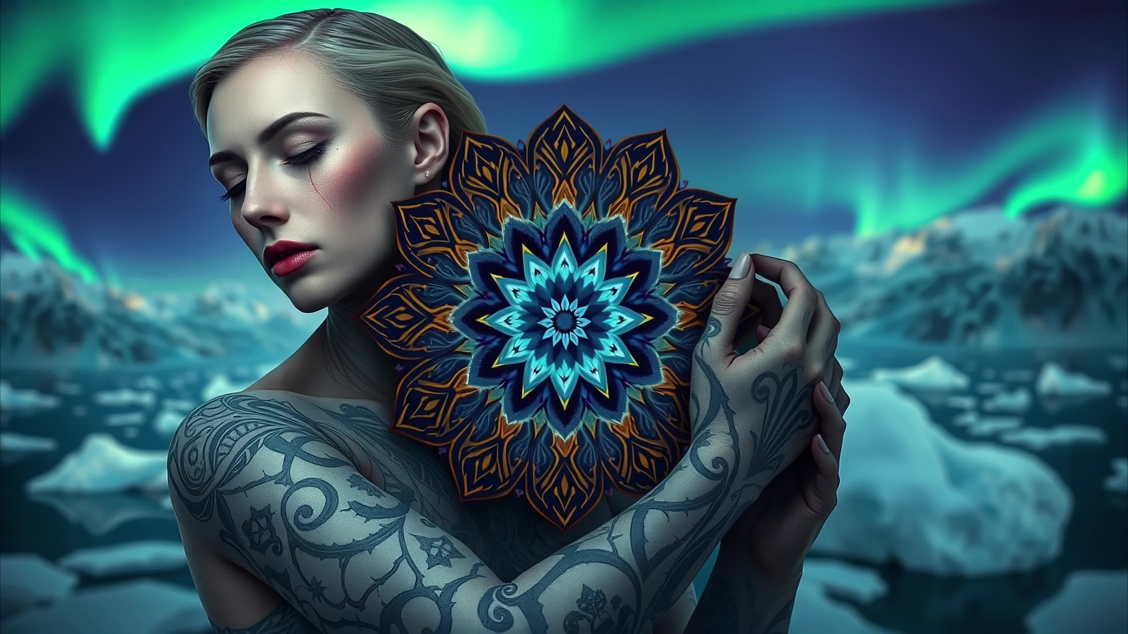 4K video of a tattooed woman holding glowing mandala beneath shimmering auroras in snowy arctic wilderness.
