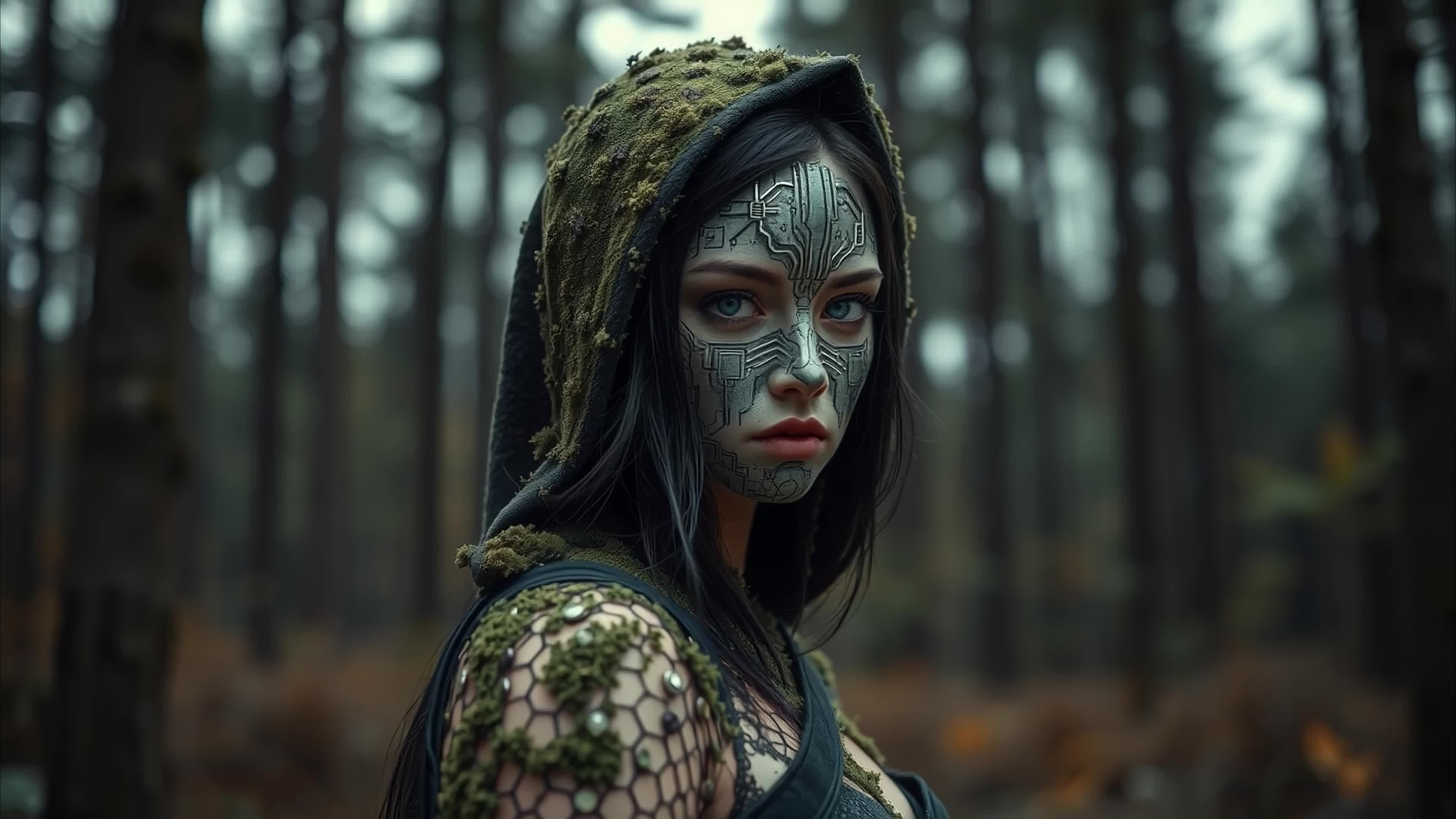 4K video of a moss-covered woman emerging mysteriously from a dark enchanted forest.