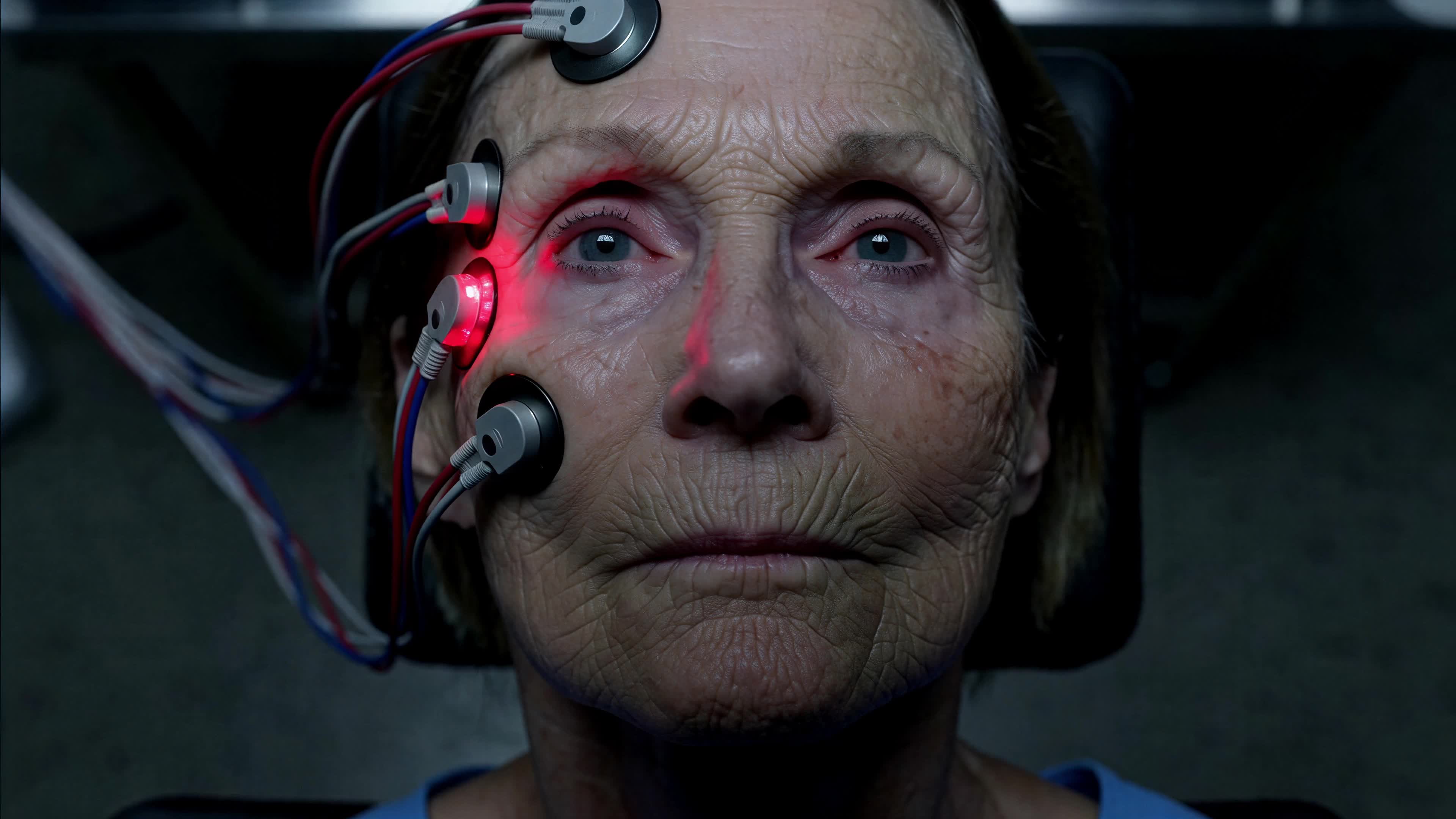4K video of an elderly woman connected to facial monitoring tech with glowing red sensors in dark lab environment.