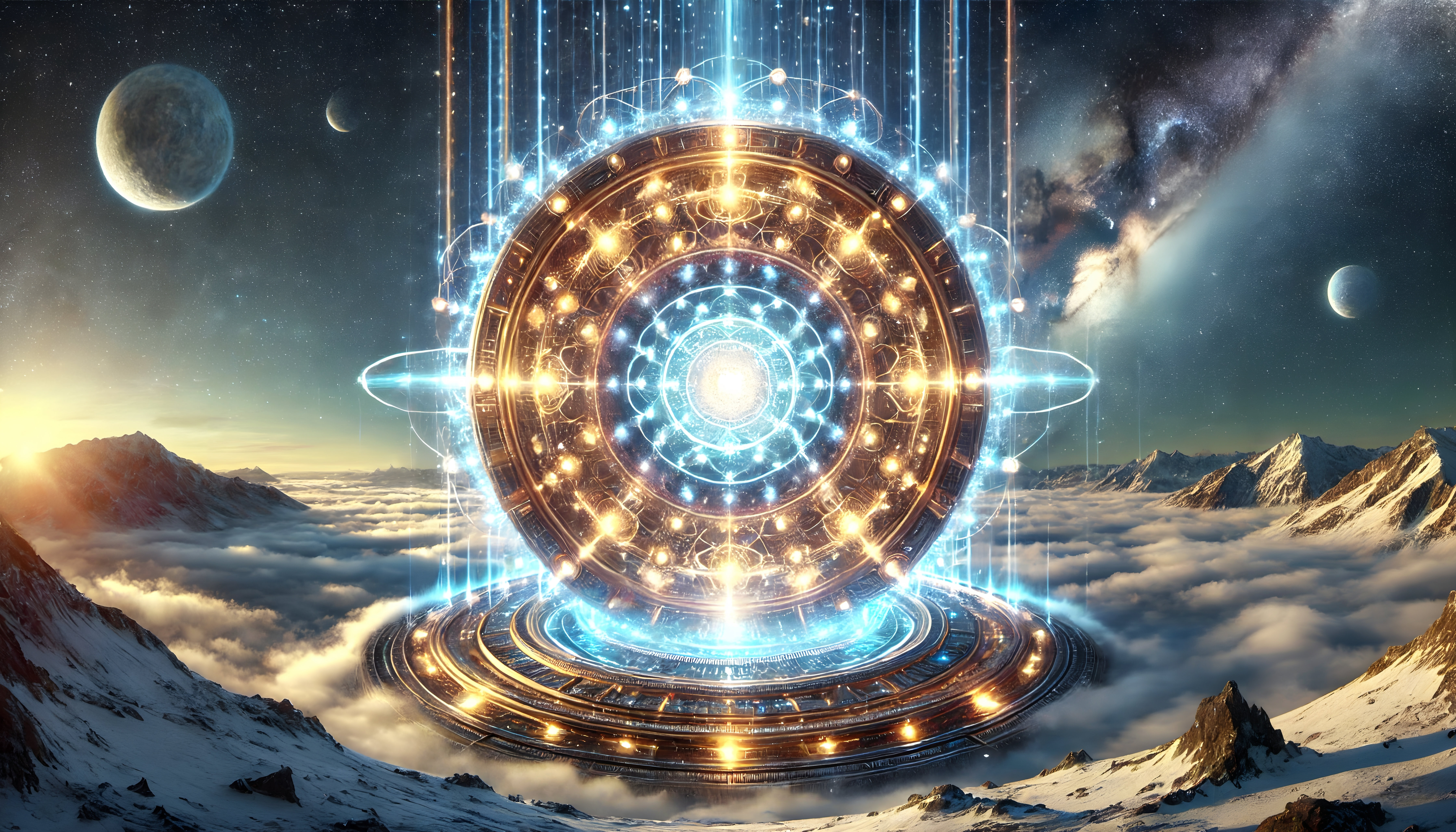 Cosmic Portal Above Snowy Mountain Peaks: Visualization of Innovation, Technology, and Global Connection