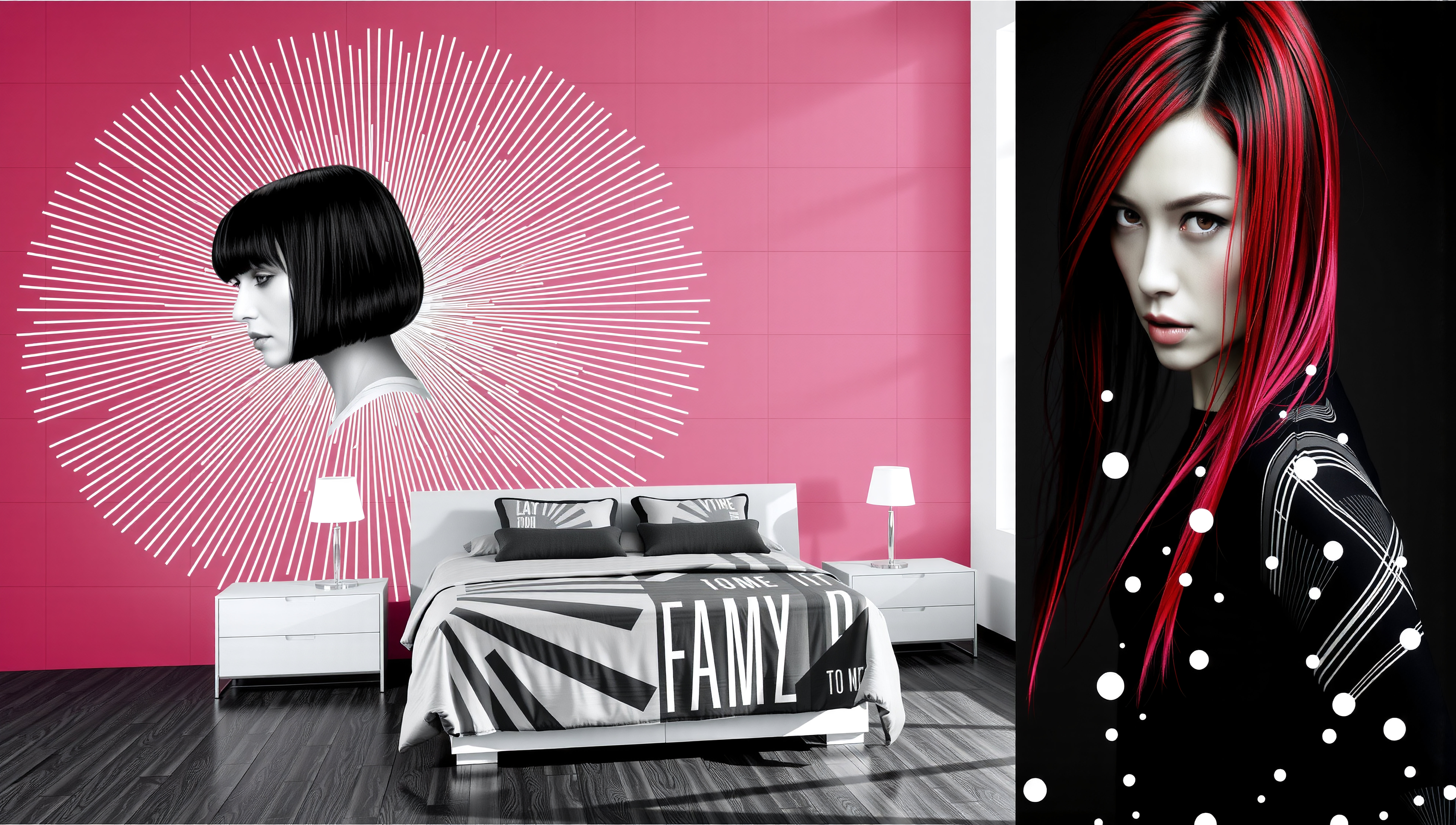 Modern bedroom interior featuring a pop art style portrait and a fashionable woman model
