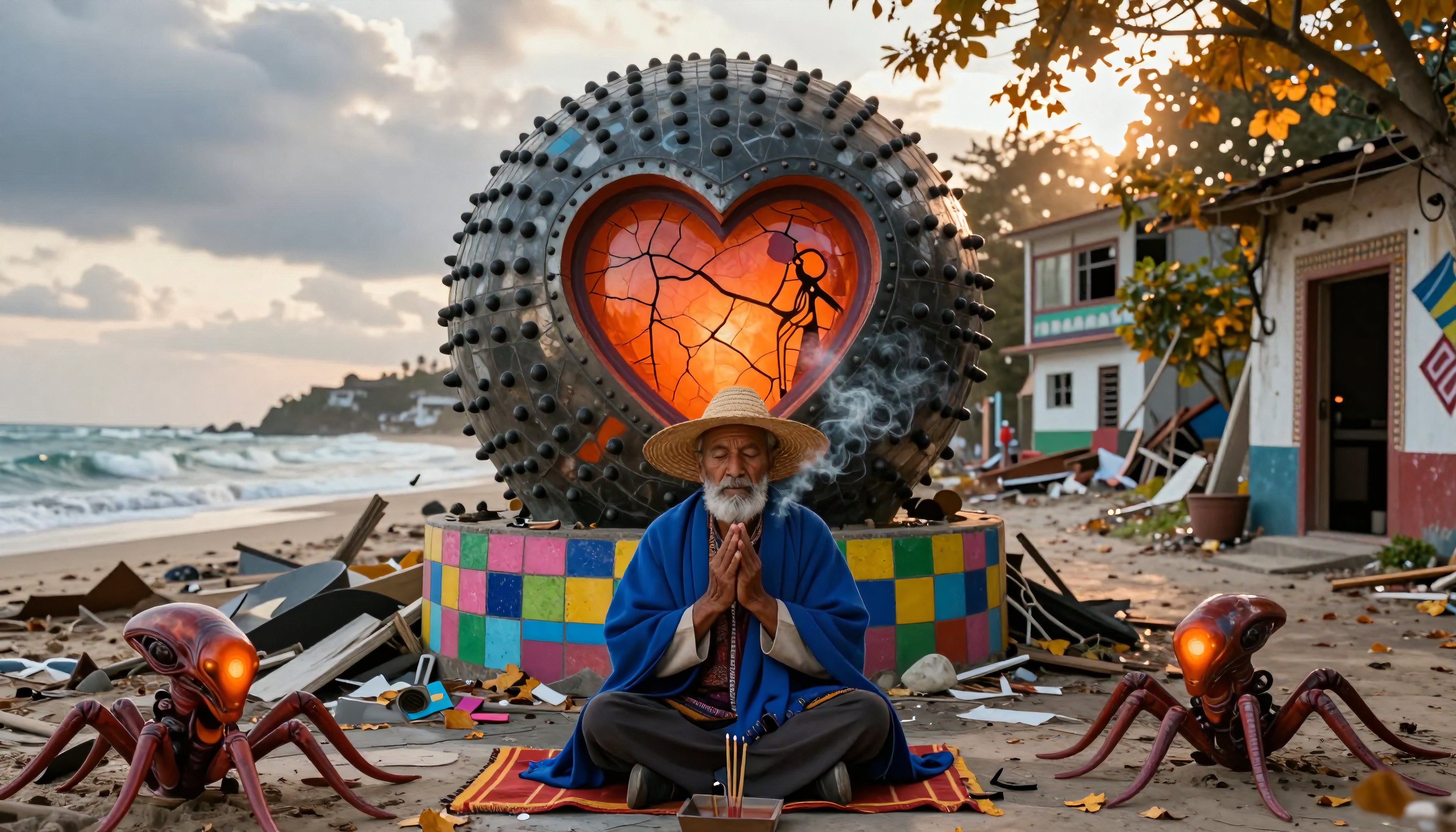 Meditation on Beach with Artistic Heart Sculpture and Alien Figures