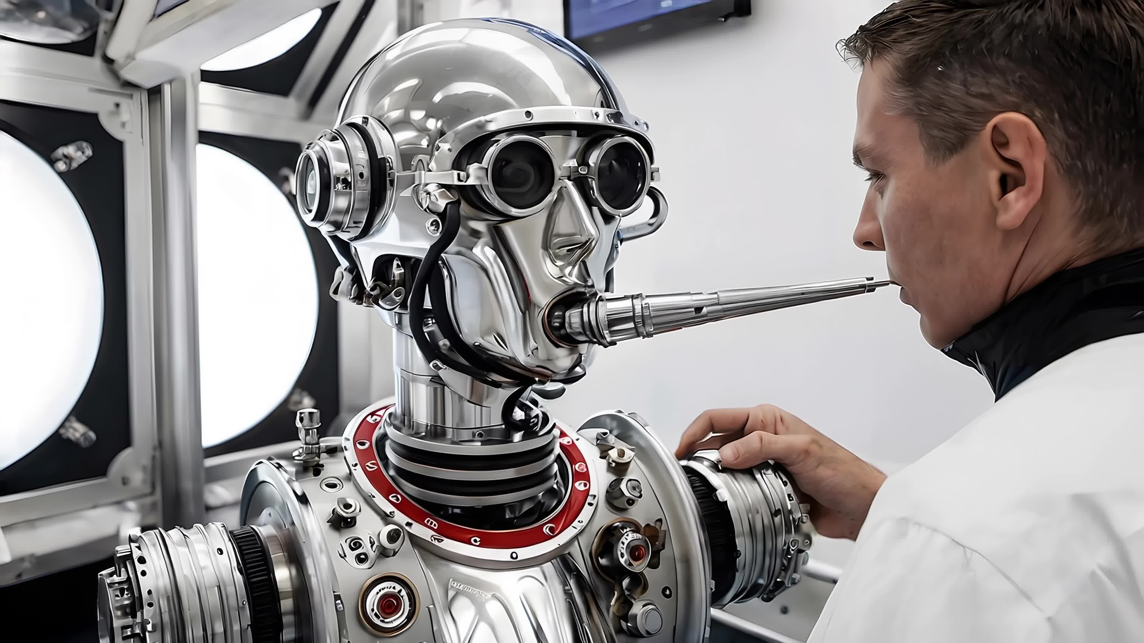4K video of a scientist adjusting a sleek chrome robot head inside a futuristic lab chamber.