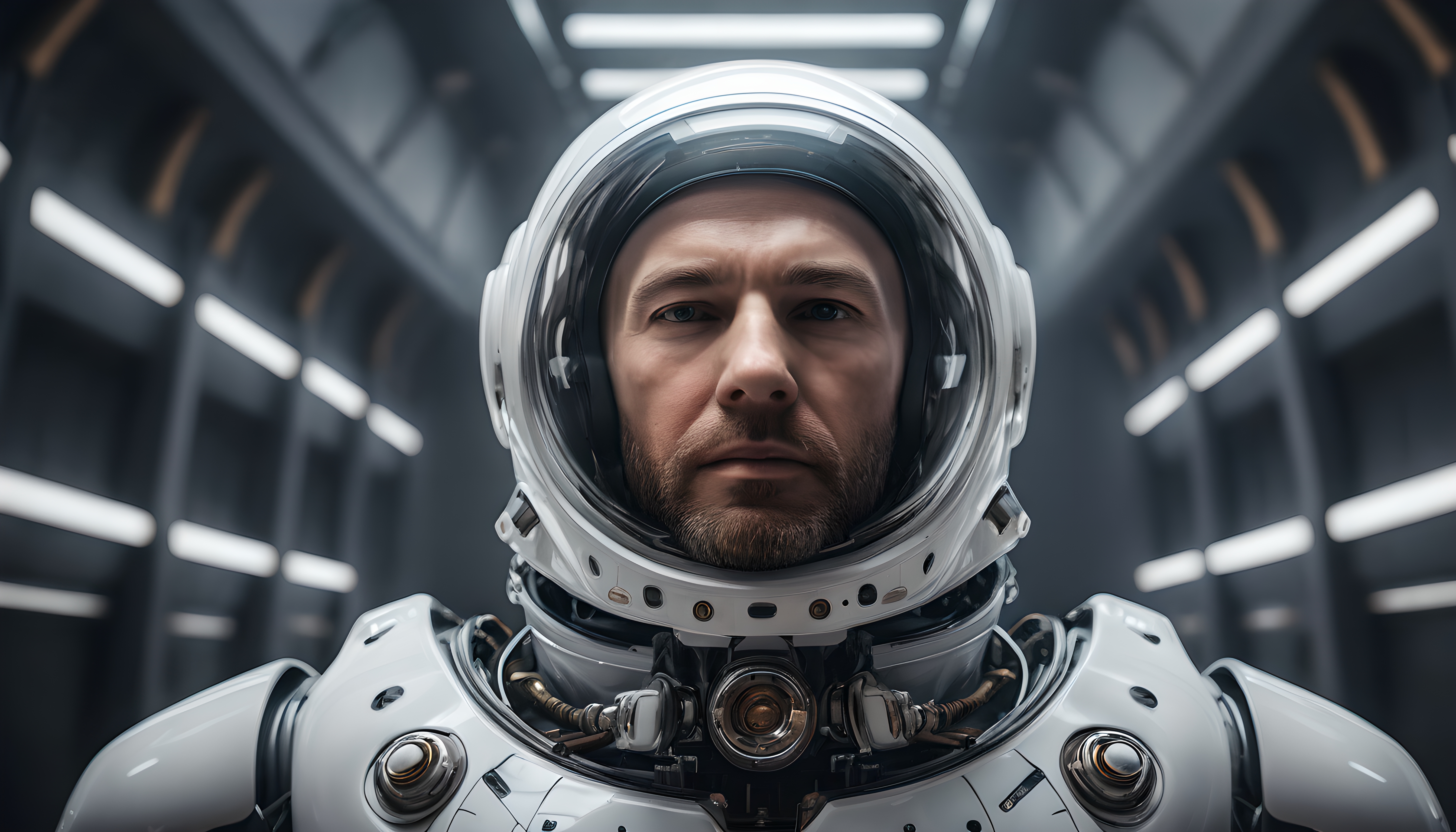 Futuristic Astronaut in High-Tech Spaceship Corridor