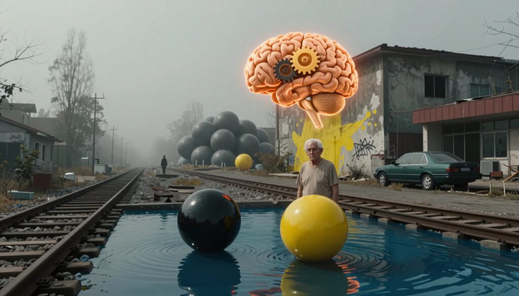 Surreal industrial landscape with giant brain, railway tracks, and water